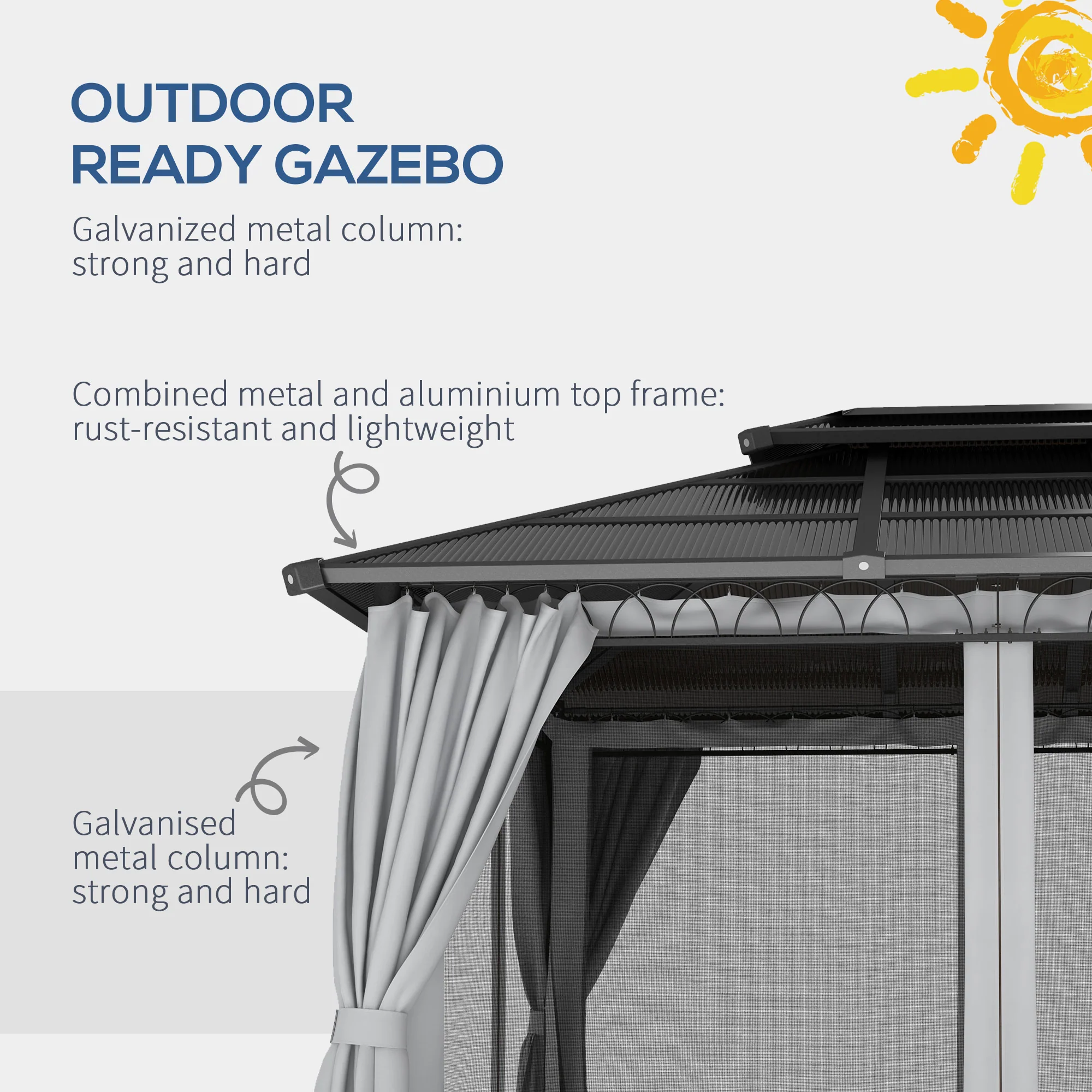 10' x 12' Outdoor Gazebo Canopy with Polycarbonate Roof, Nettings and Curtains, Light Grey - Image 8