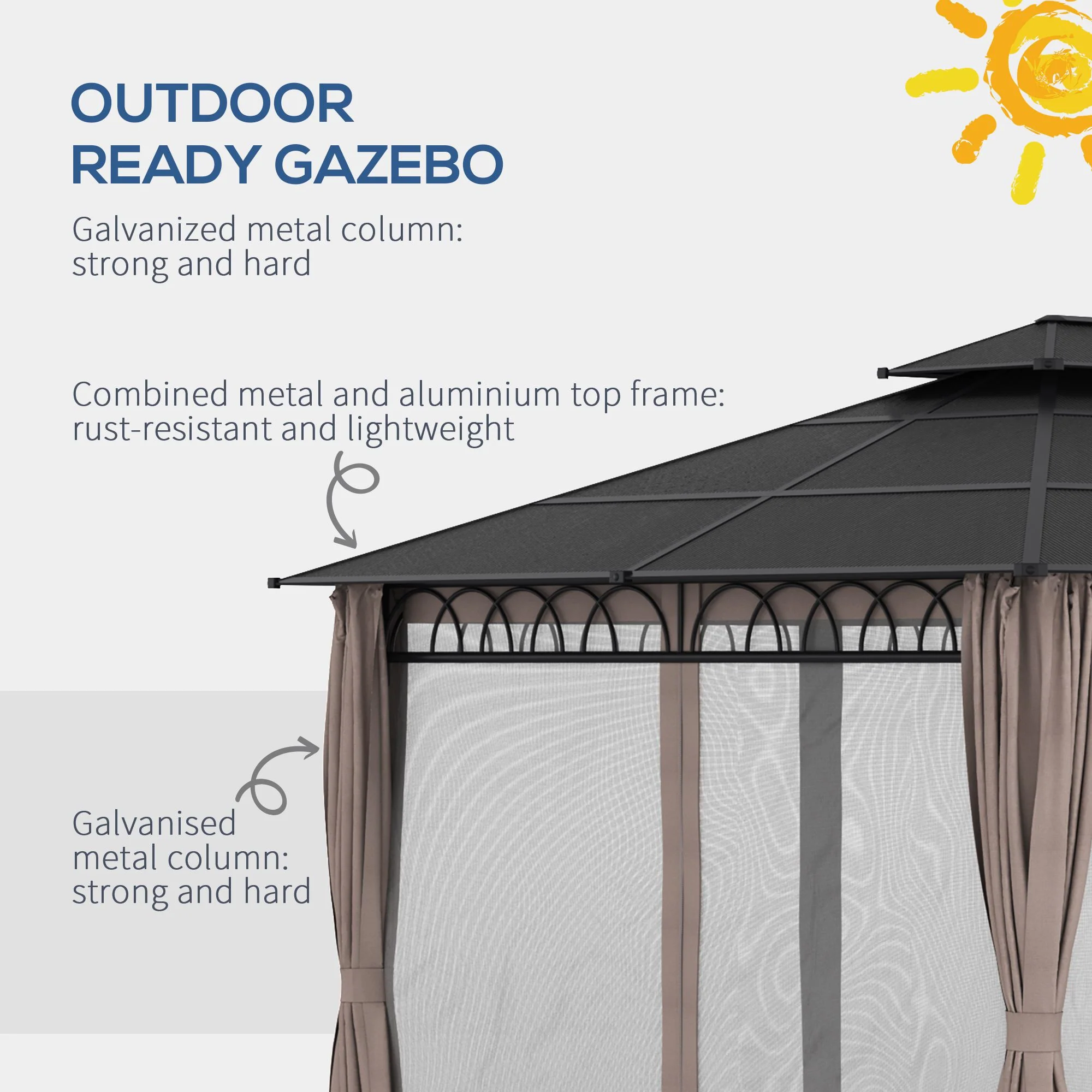 10' x 12' Outdoor Gazebo Canopy with Polycarbonate Roof, Nettings and Curtains, Khaki - Image 8
