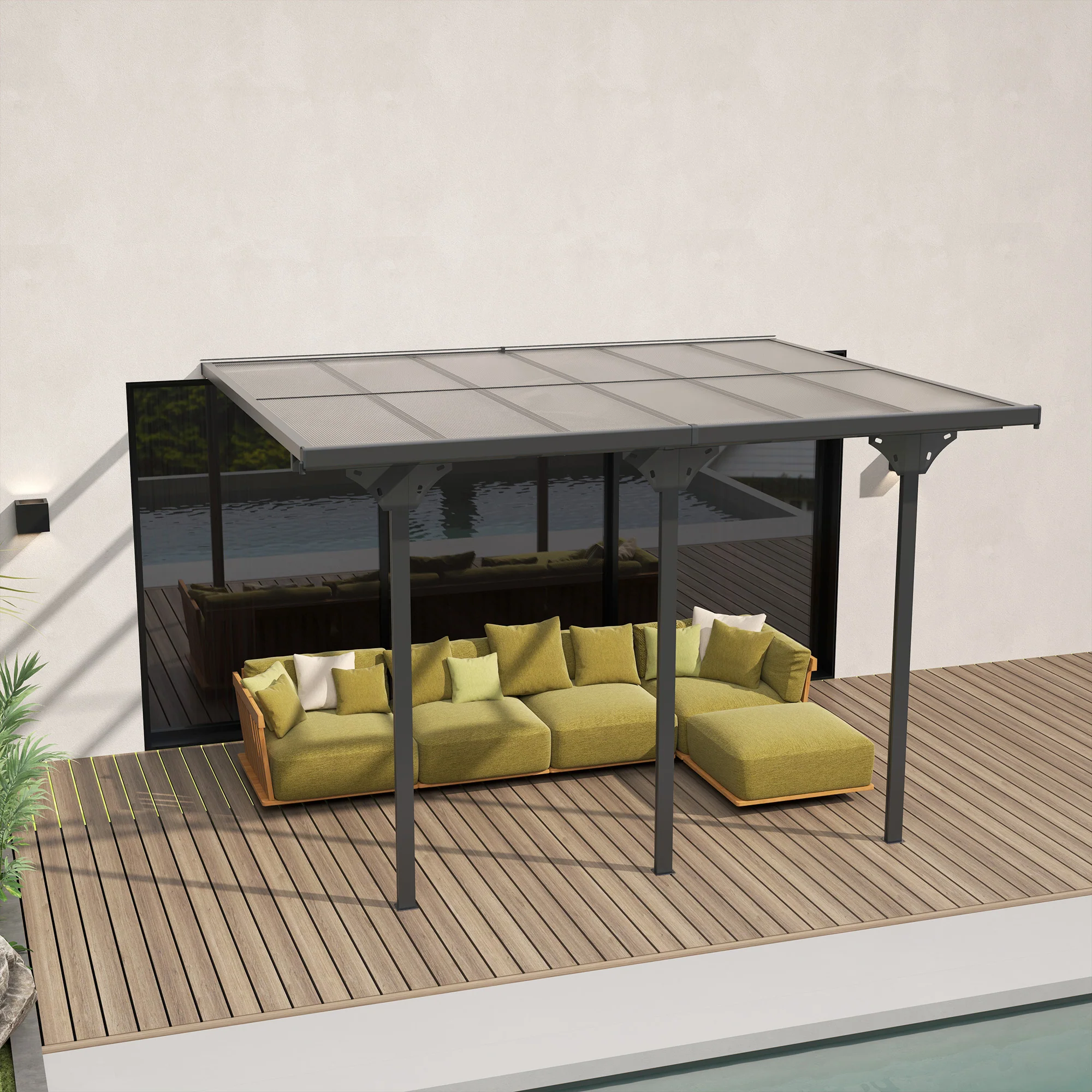 10' x 12' Outdoor Lean to Hardtop Pergola with Polycarbonate Roof & Adjustable Height, Grey - Image 10