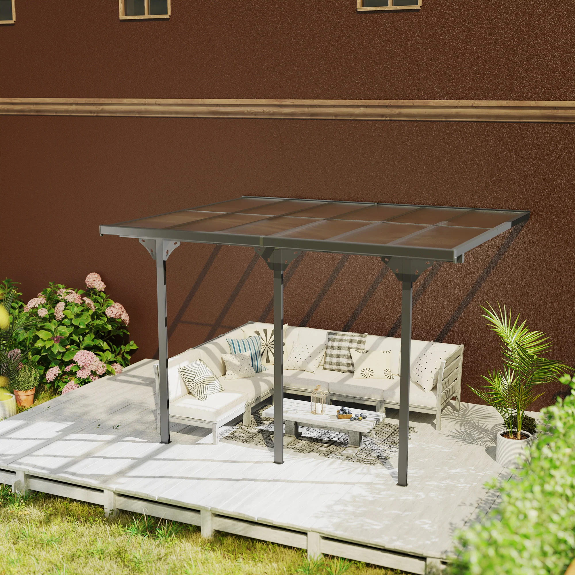 10' x 12' Outdoor Lean to Hardtop Pergola with Polycarbonate Roof & Adjustable Height, Grey - Image 11