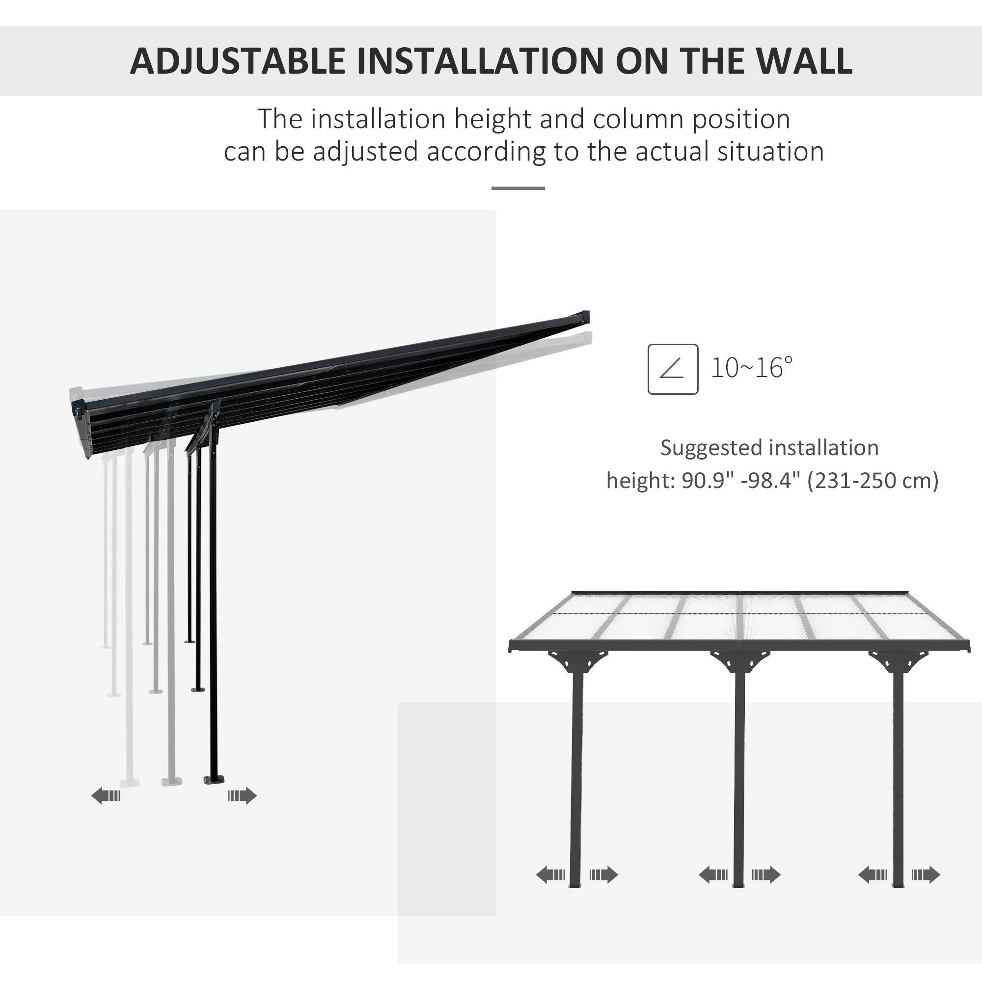 10' x 12' Outdoor Lean to Hardtop Pergola with Polycarbonate Roof & Adjustable Height, Grey - Image 6