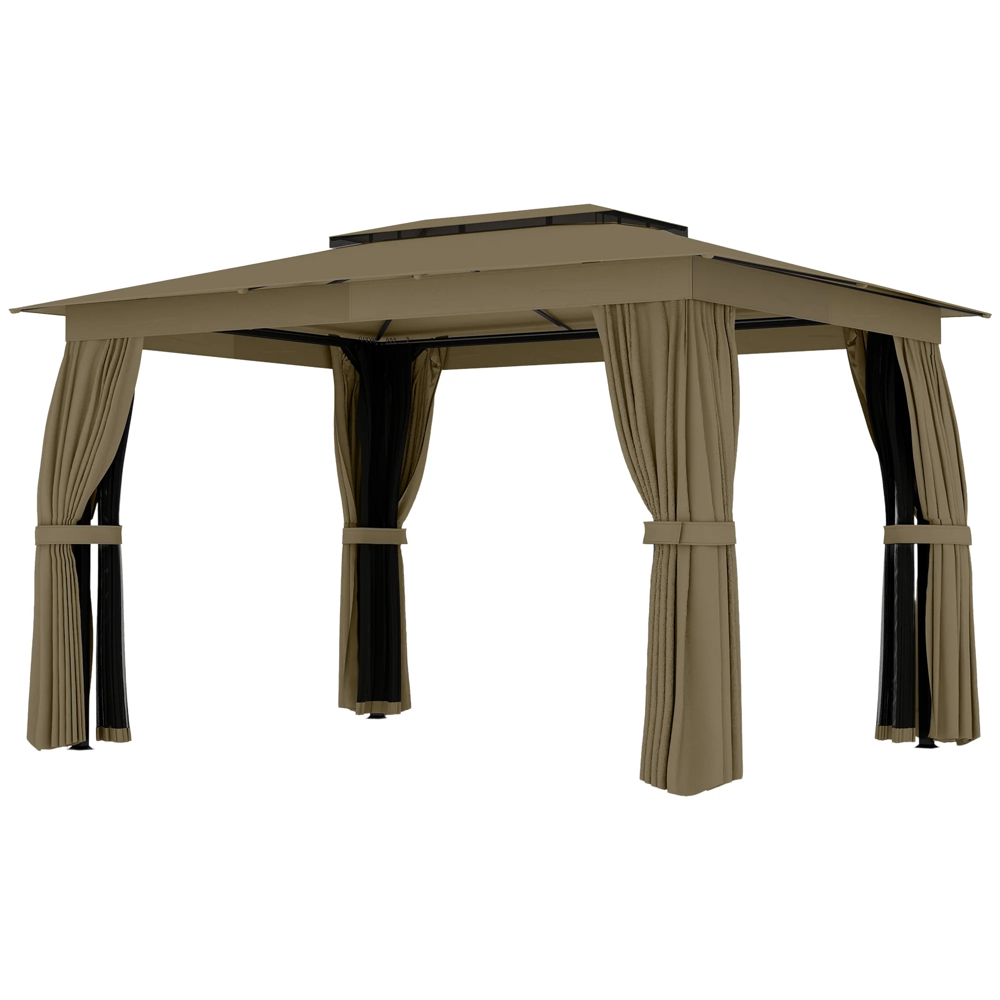 10' x 12' Soft Top Gazebo Canopy Shelter with Double Roof, Curtains, UPF30+ Protection, Deck, Khaki - Image 2