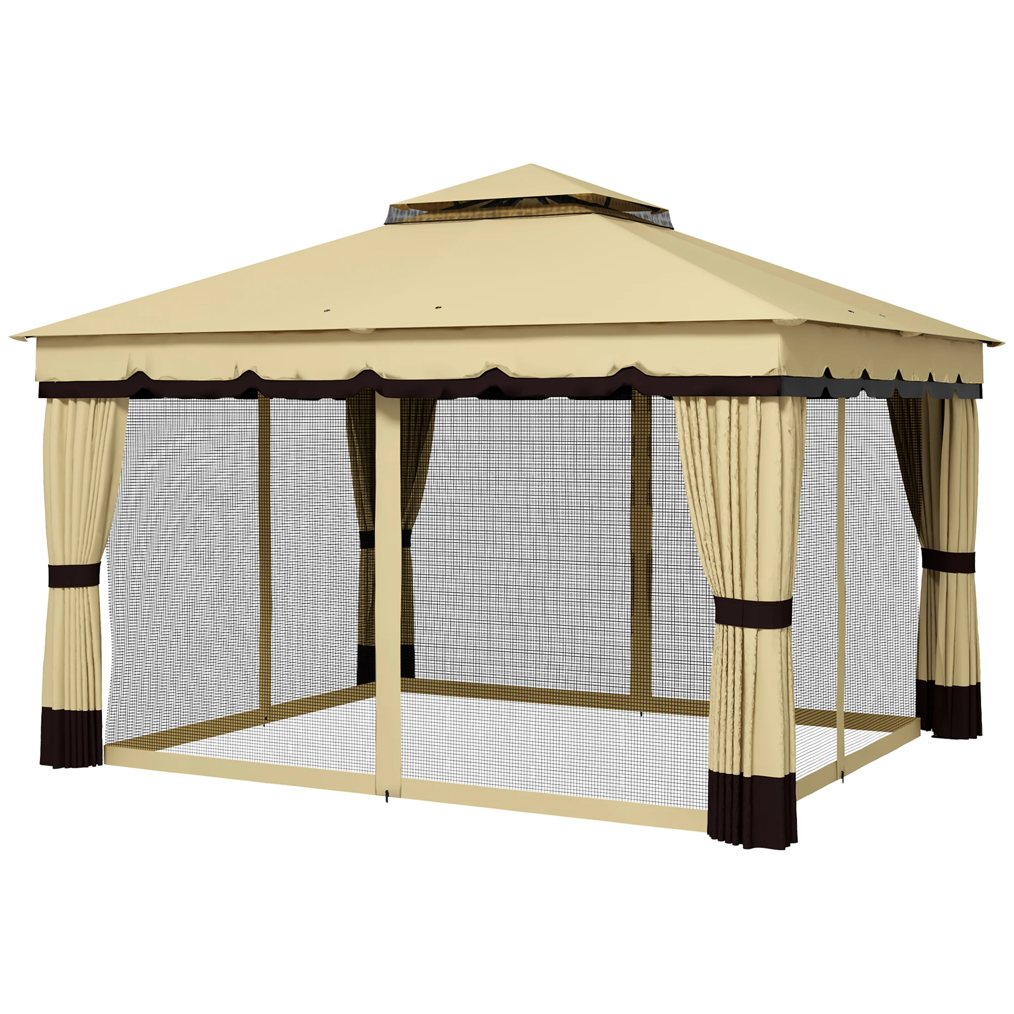10' x 12' Double Roof Gazebo with Netting & Curtains, Beige - Image 2