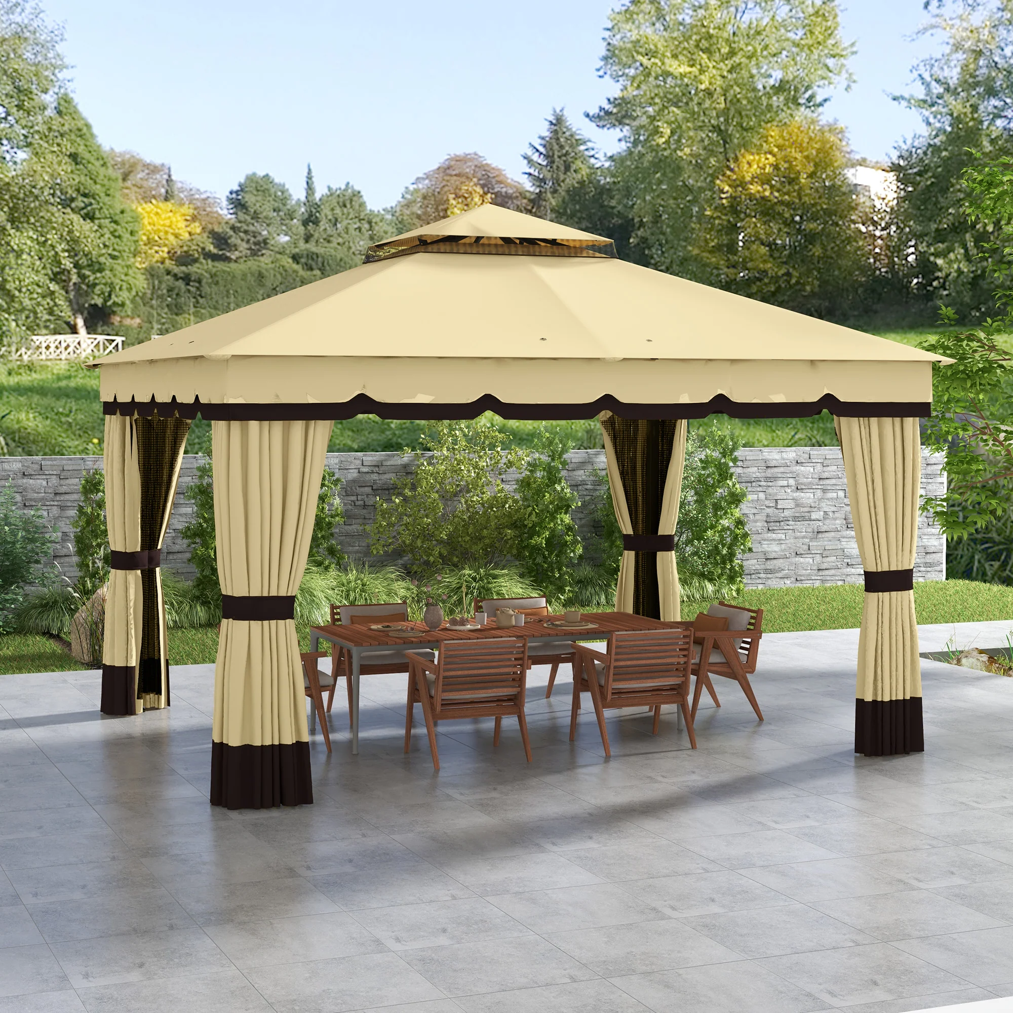 10' x 12' Double Roof Gazebo with Netting & Curtains, Beige - Image 3