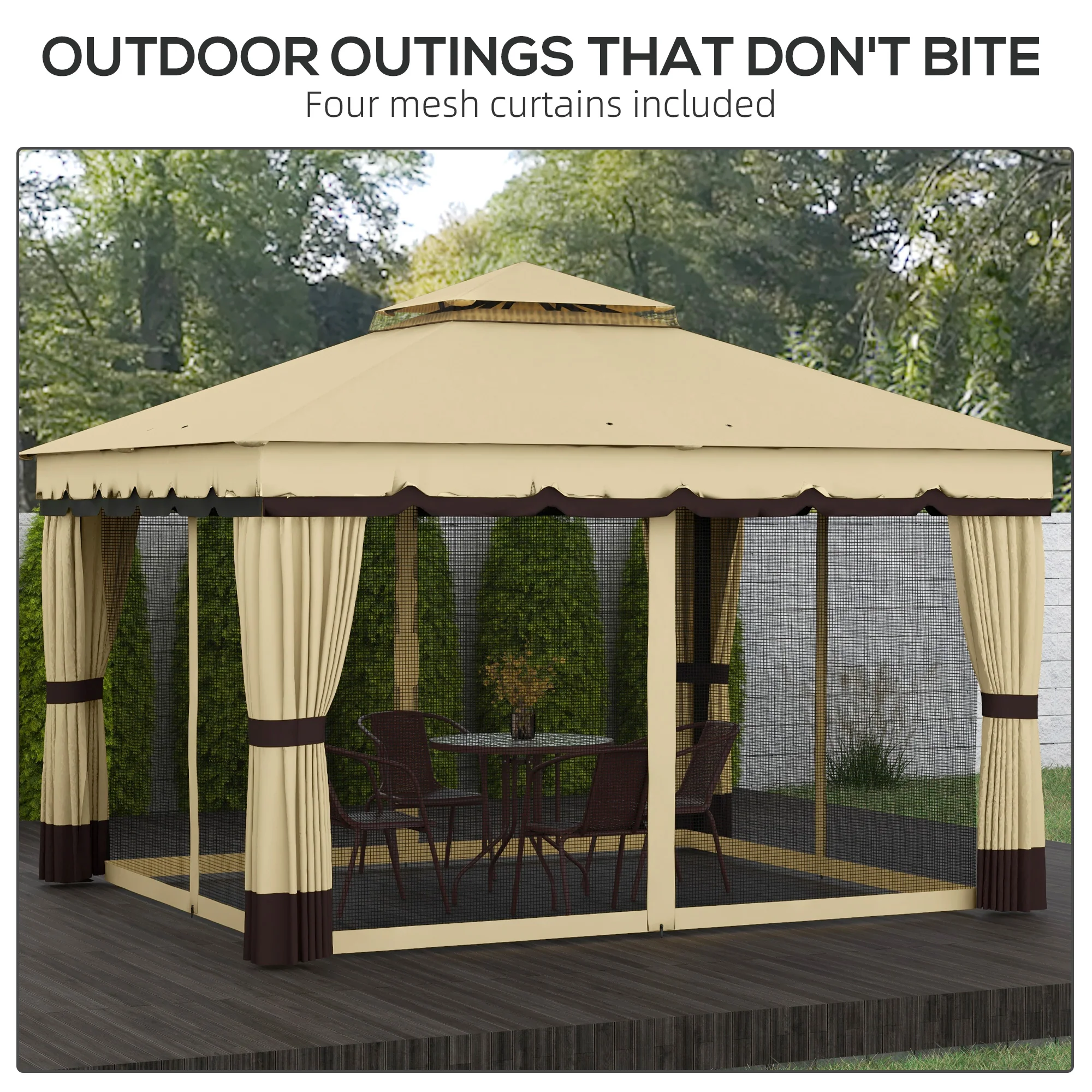 10' x 12' Double Roof Gazebo with Netting & Curtains, Beige - Image 7