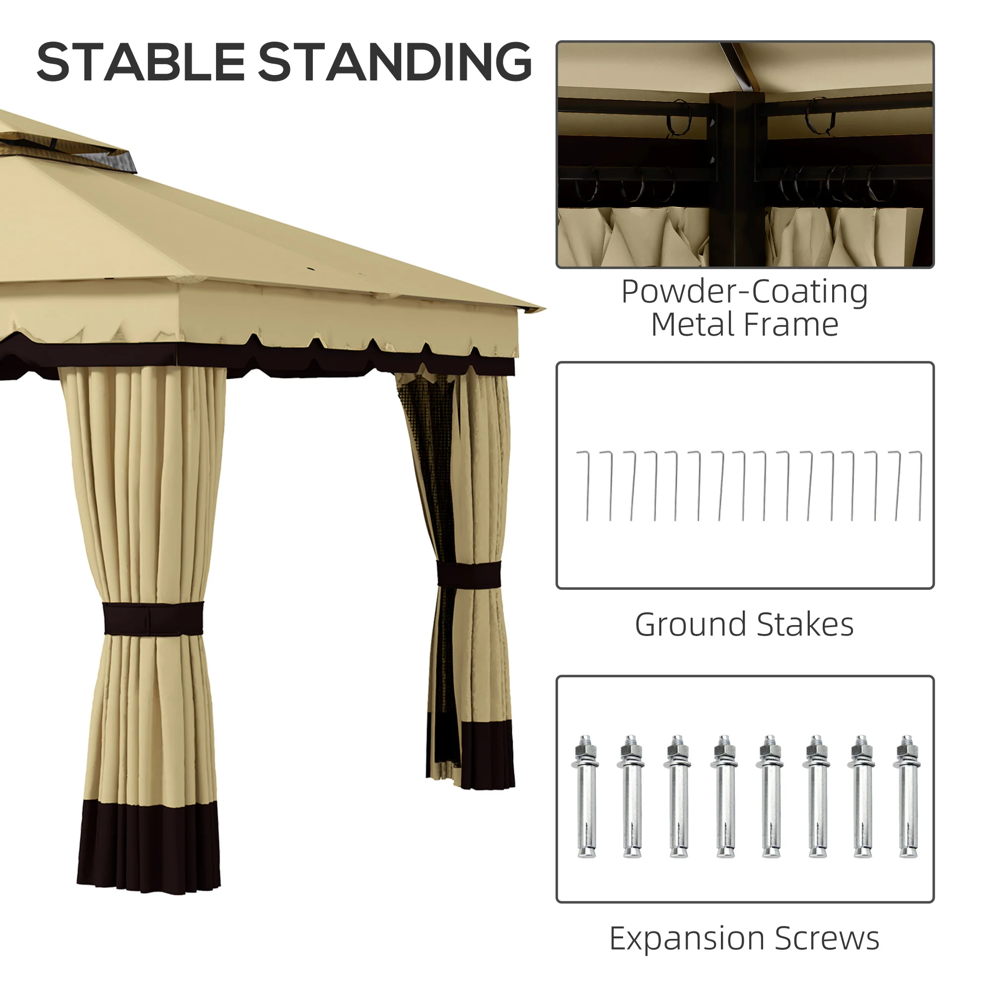 10' x 12' Double Roof Gazebo with Netting & Curtains, Beige - Image 9