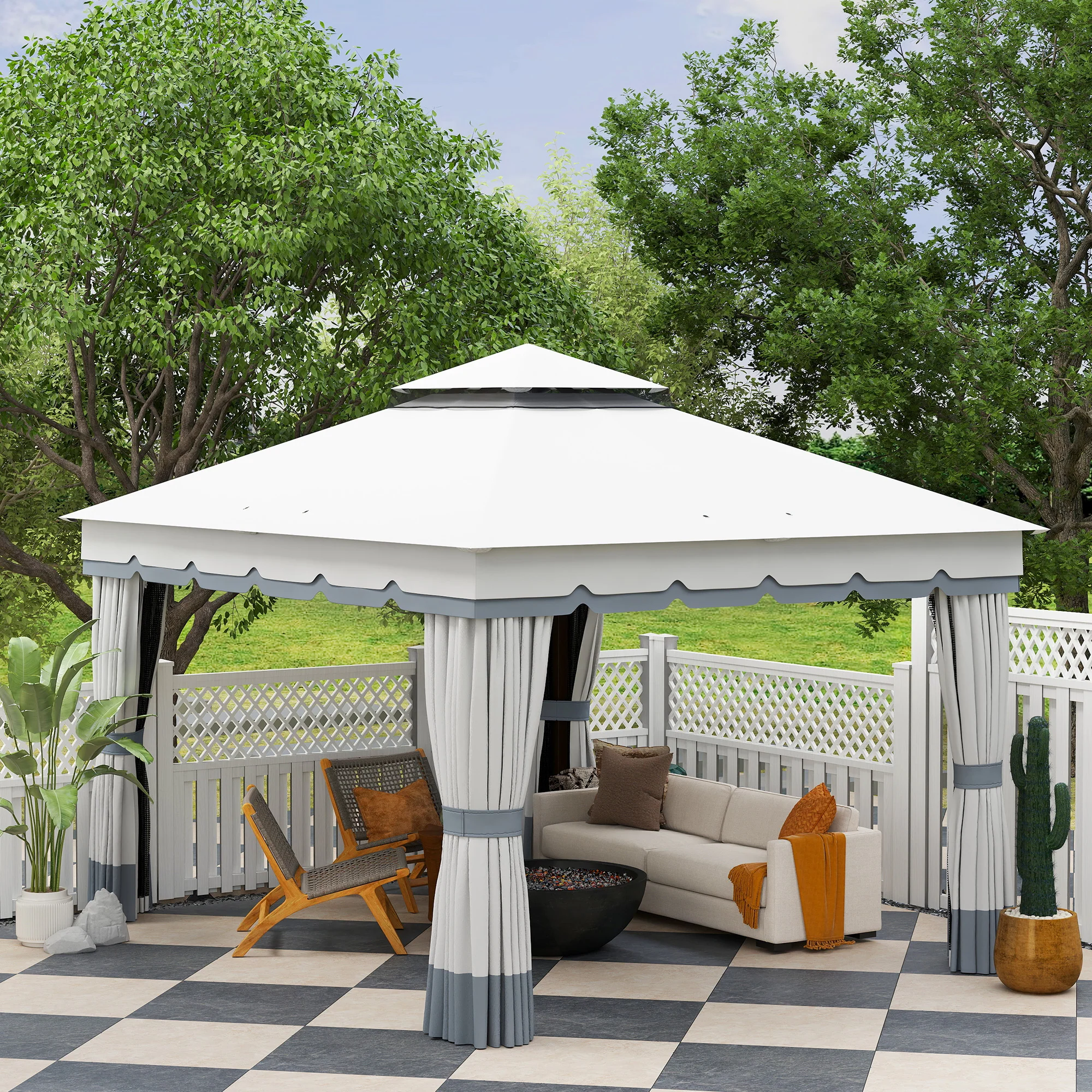 10' x 12' Double Roof Gazebo with Netting & Curtains, Light Grey - Image 10