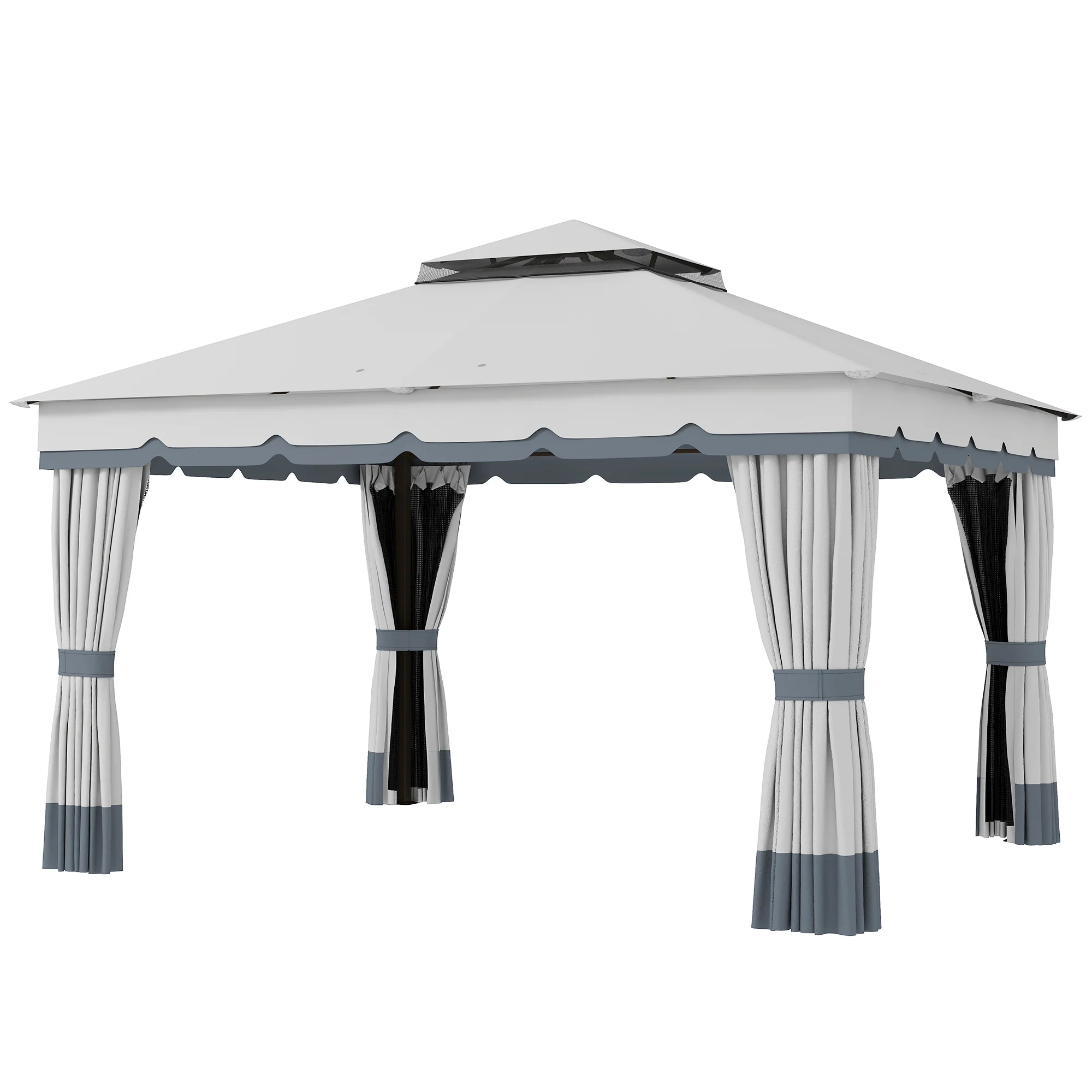 10' x 12' Double Roof Gazebo with Netting & Curtains, Light Grey - Image 2