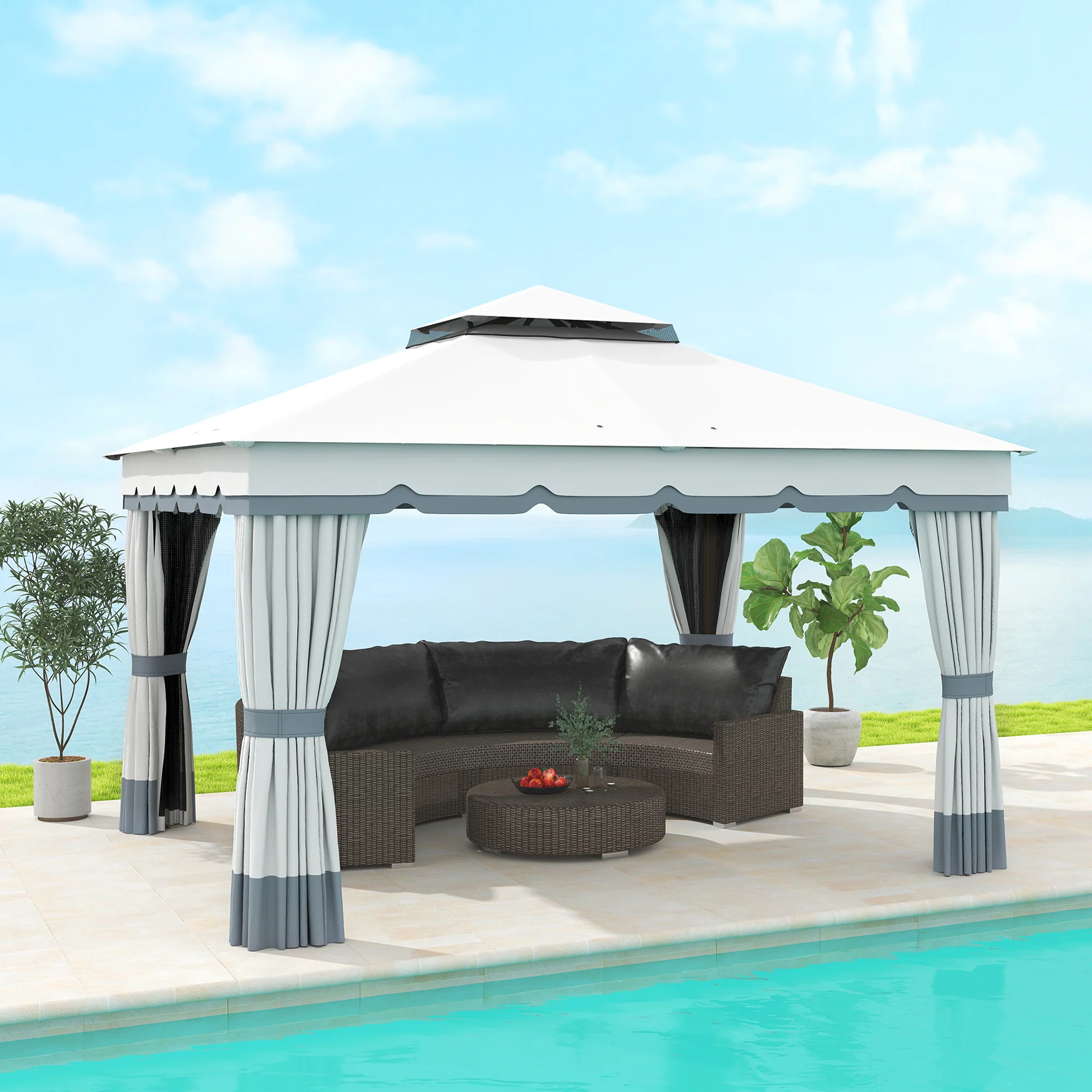 10' x 12' Double Roof Gazebo with Netting & Curtains, Light Grey - Image 3