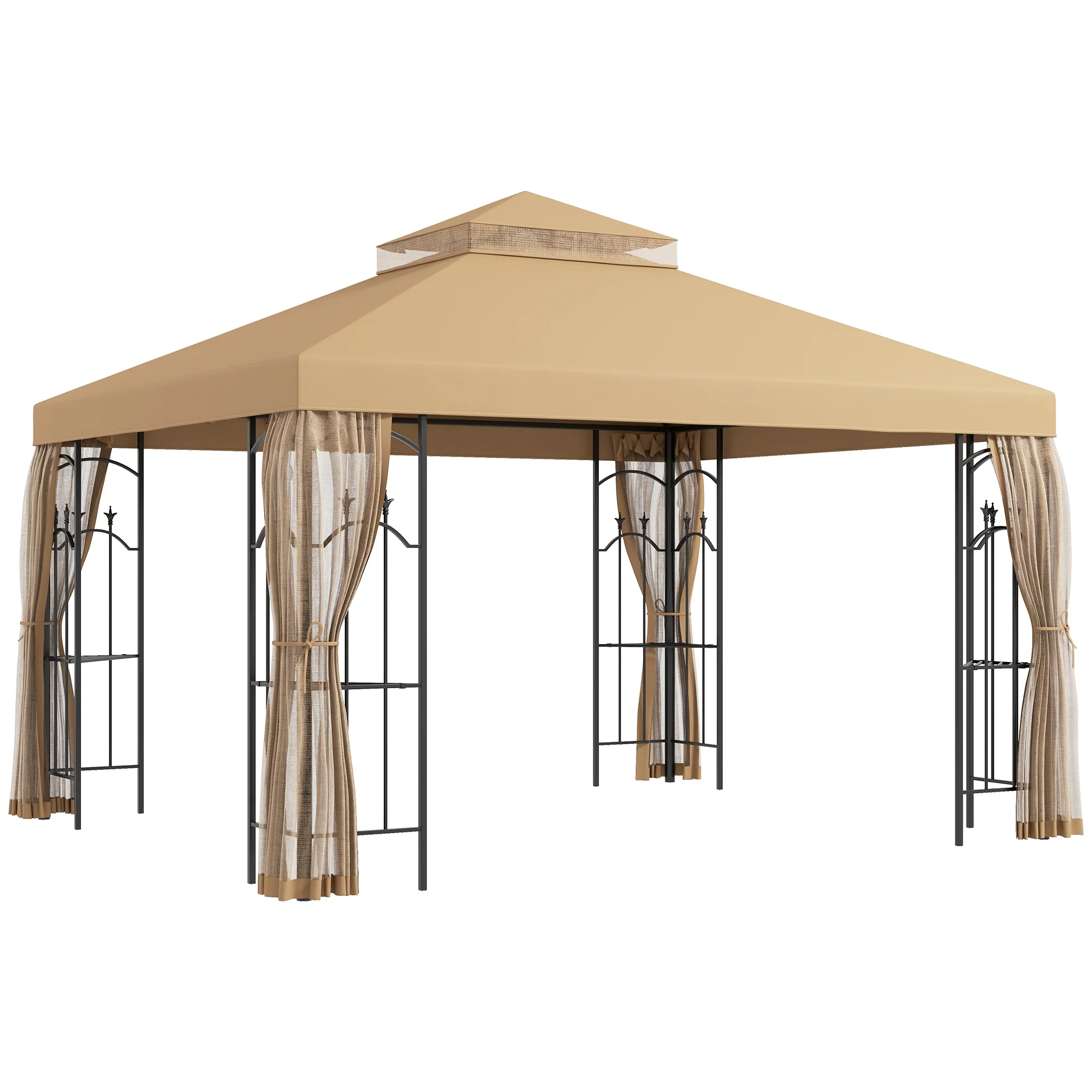 10' x 12' Patio Gazebo with Corner Shelves and Netting, Brown - Image 12