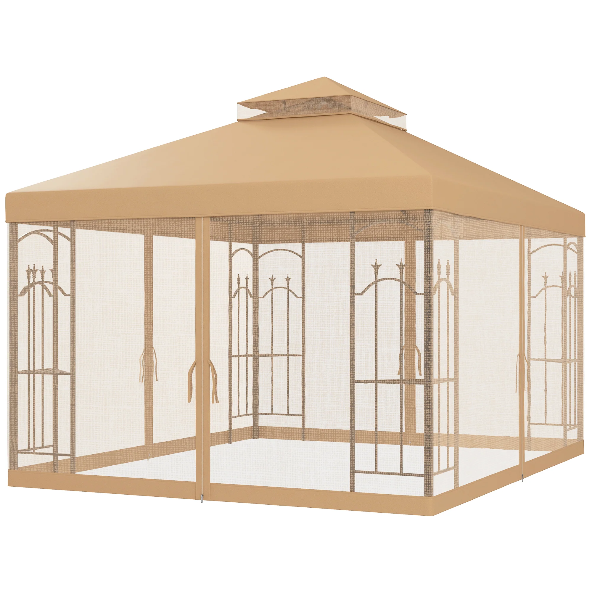 10' x 12' Patio Gazebo with Corner Shelves and Netting, Brown - Image 2