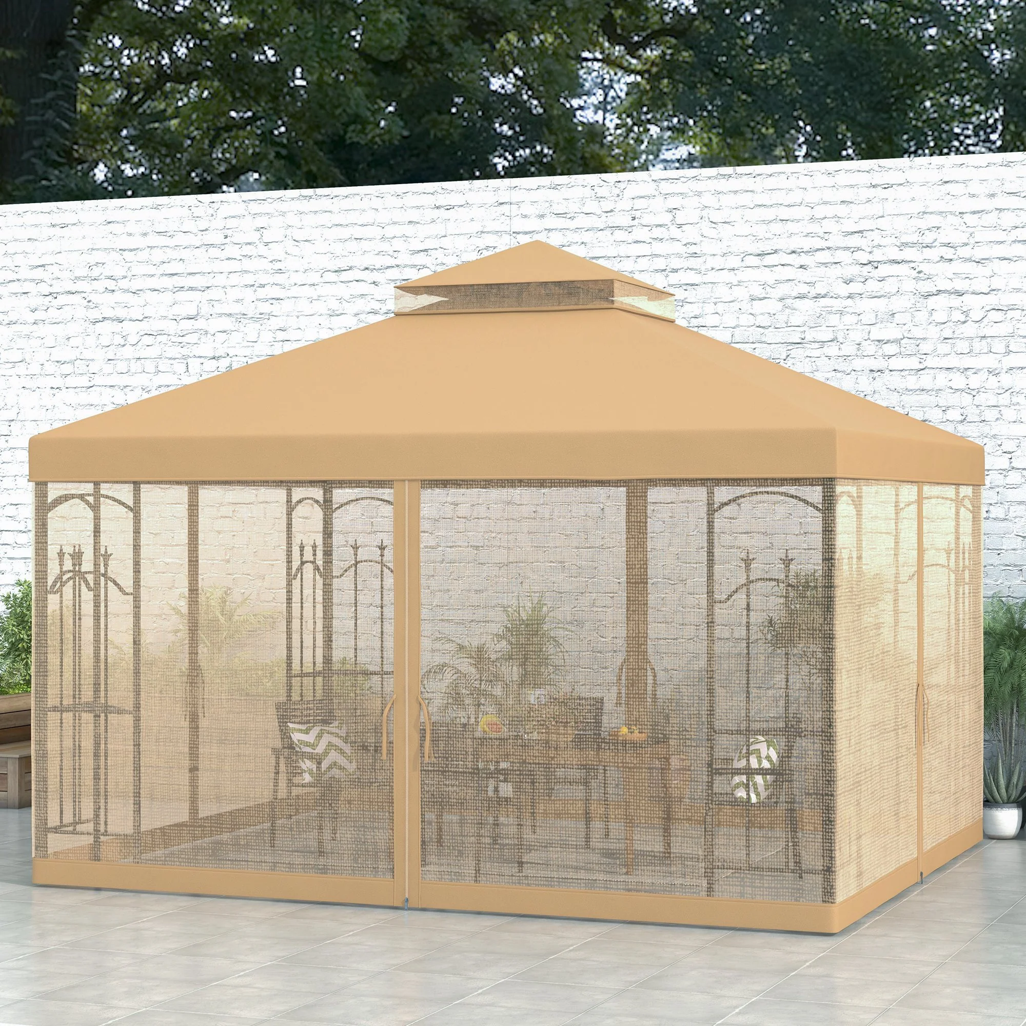 10' x 12' Patio Gazebo with Corner Shelves and Netting, Brown - Image 3