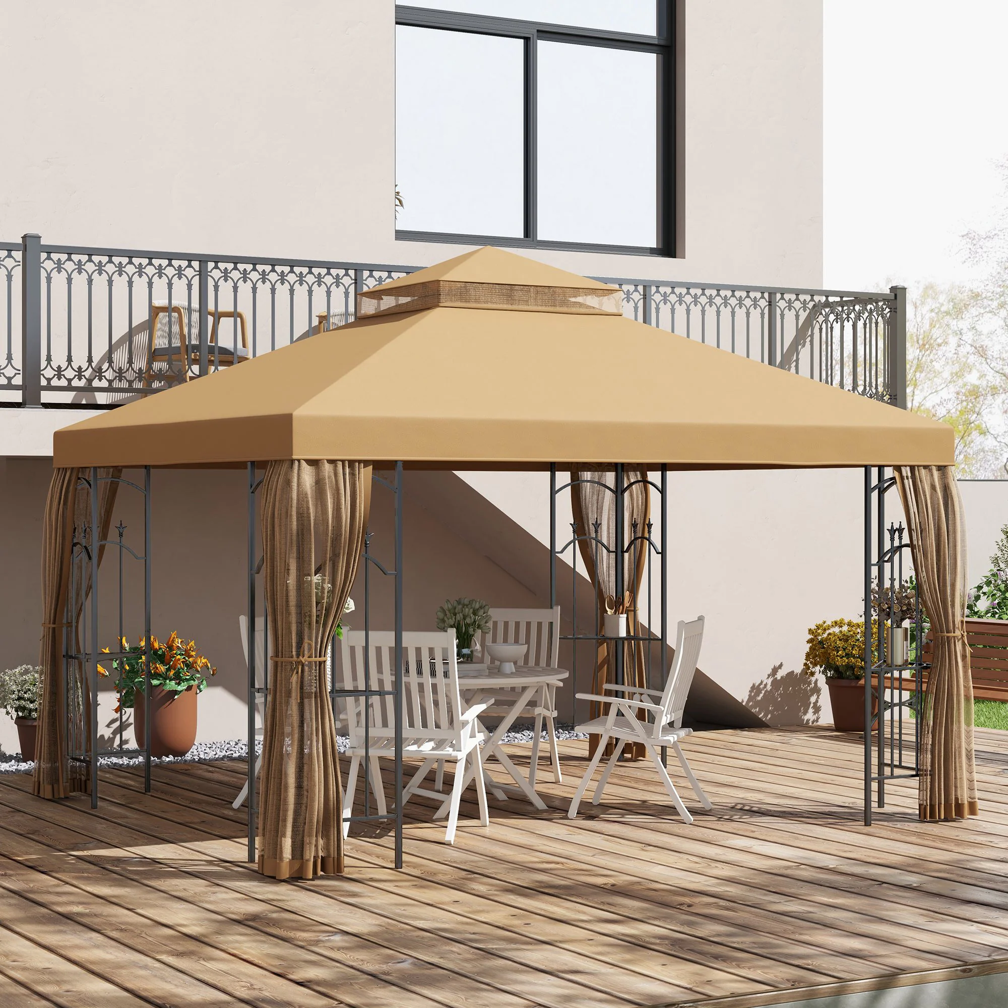 10' x 12' Patio Gazebo with Corner Shelves and Netting, Brown - Image 4