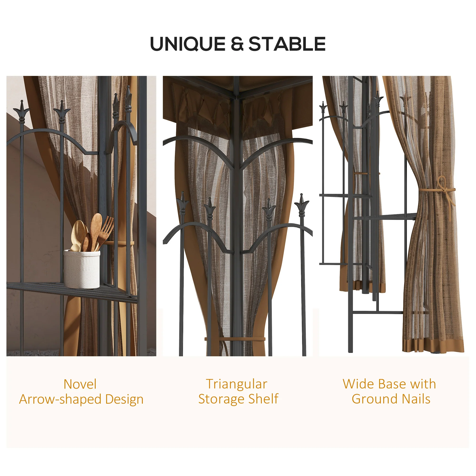 10' x 12' Patio Gazebo with Corner Shelves and Netting, Brown - Image 6