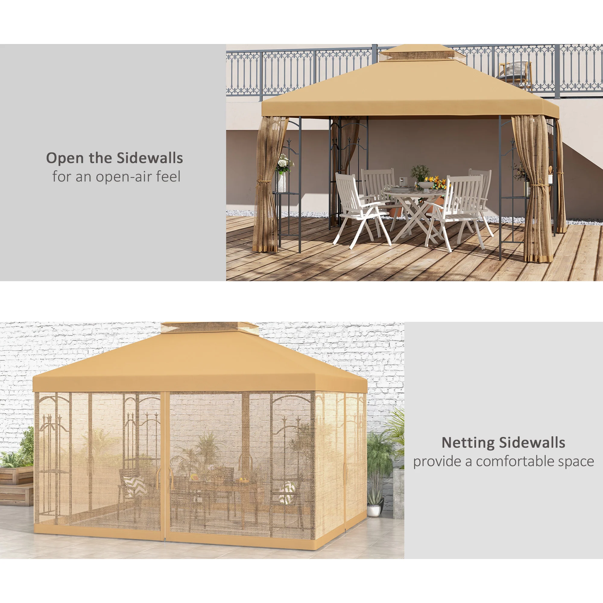 10' x 12' Patio Gazebo with Corner Shelves and Netting, Brown - Image 7
