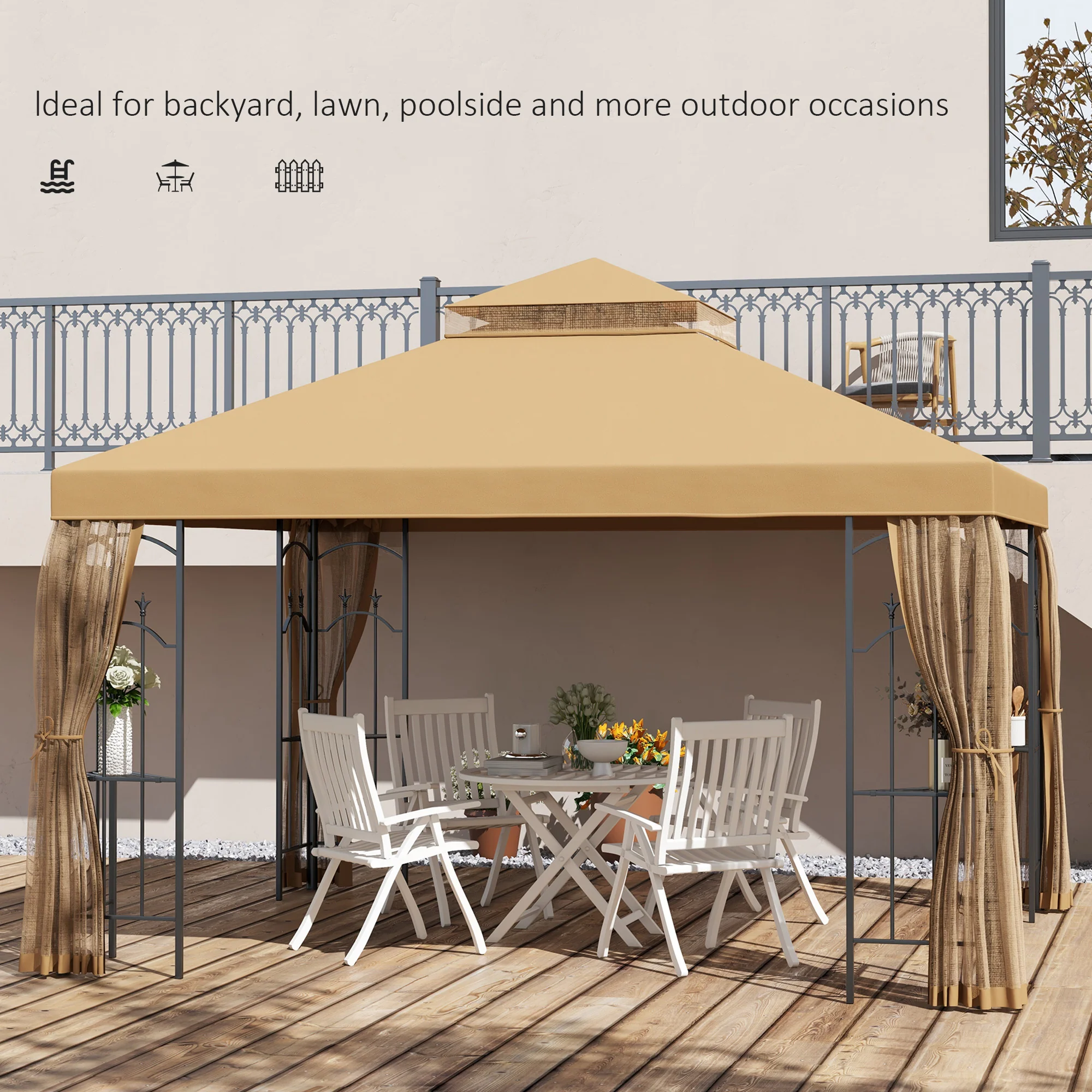 10' x 12' Patio Gazebo with Corner Shelves and Netting, Brown - Image 9