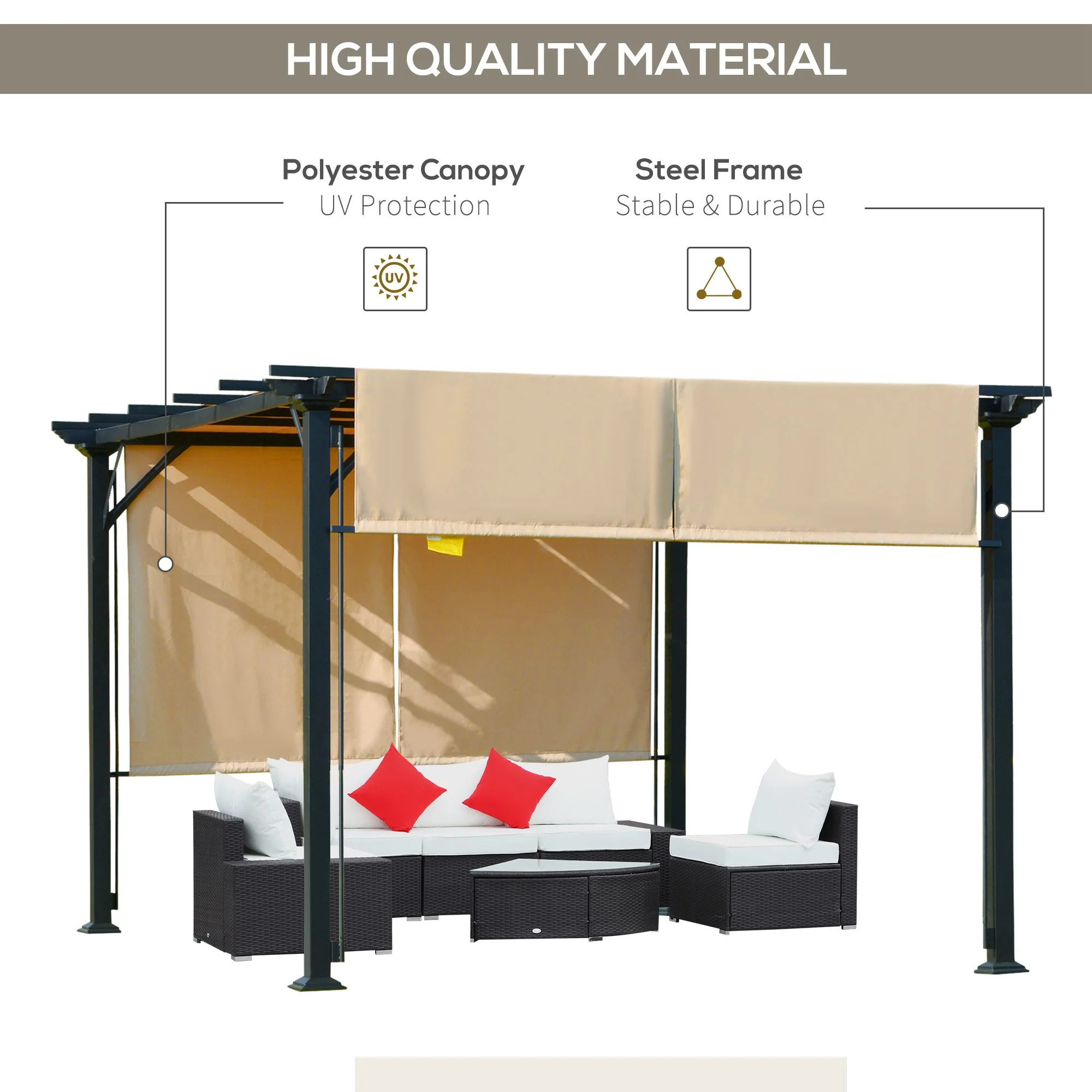 10' x 12' Outdoor Gazebo with Sun Shade Canopy and Steel Frame, Beige - Image 6