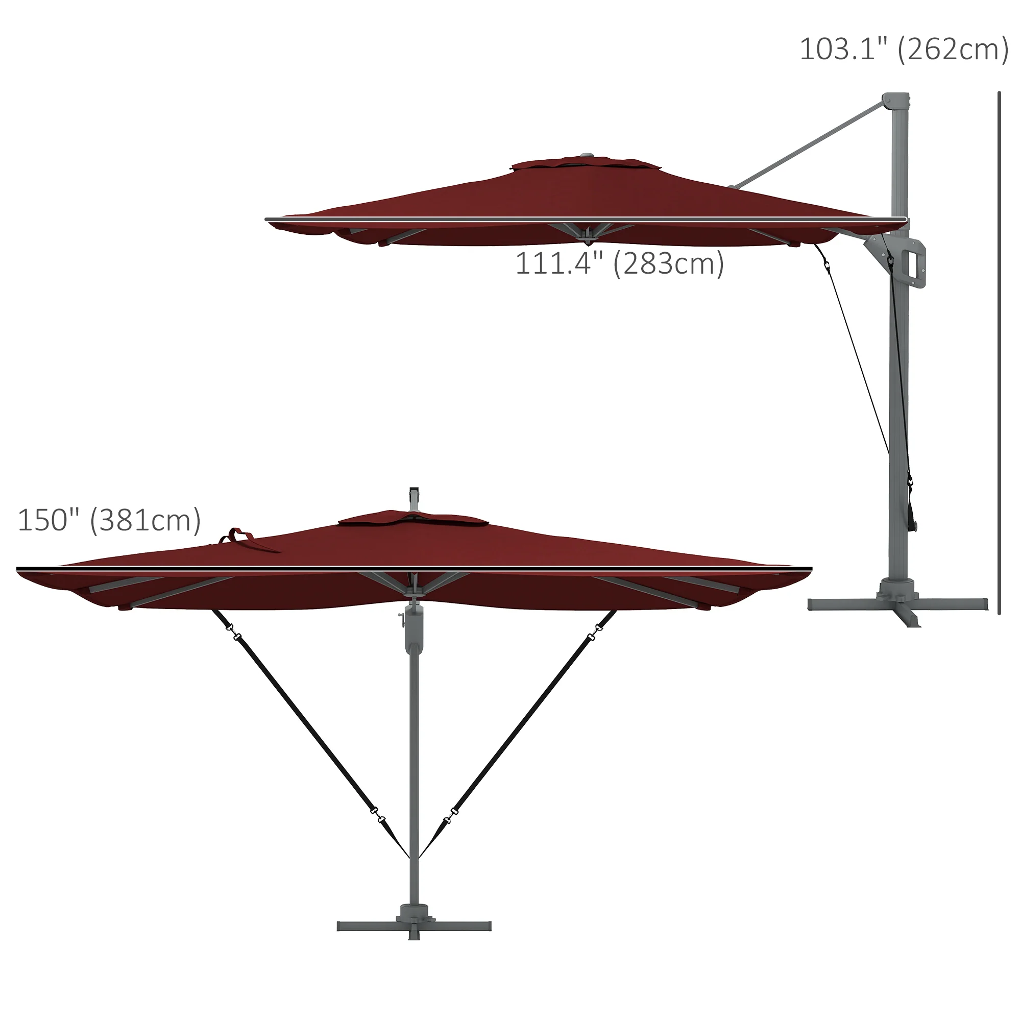10' x 13' Cantilever Patio Umbrella with Windproof Straps, 4-Position Tilt, 360° Rotation, Red - Image 5