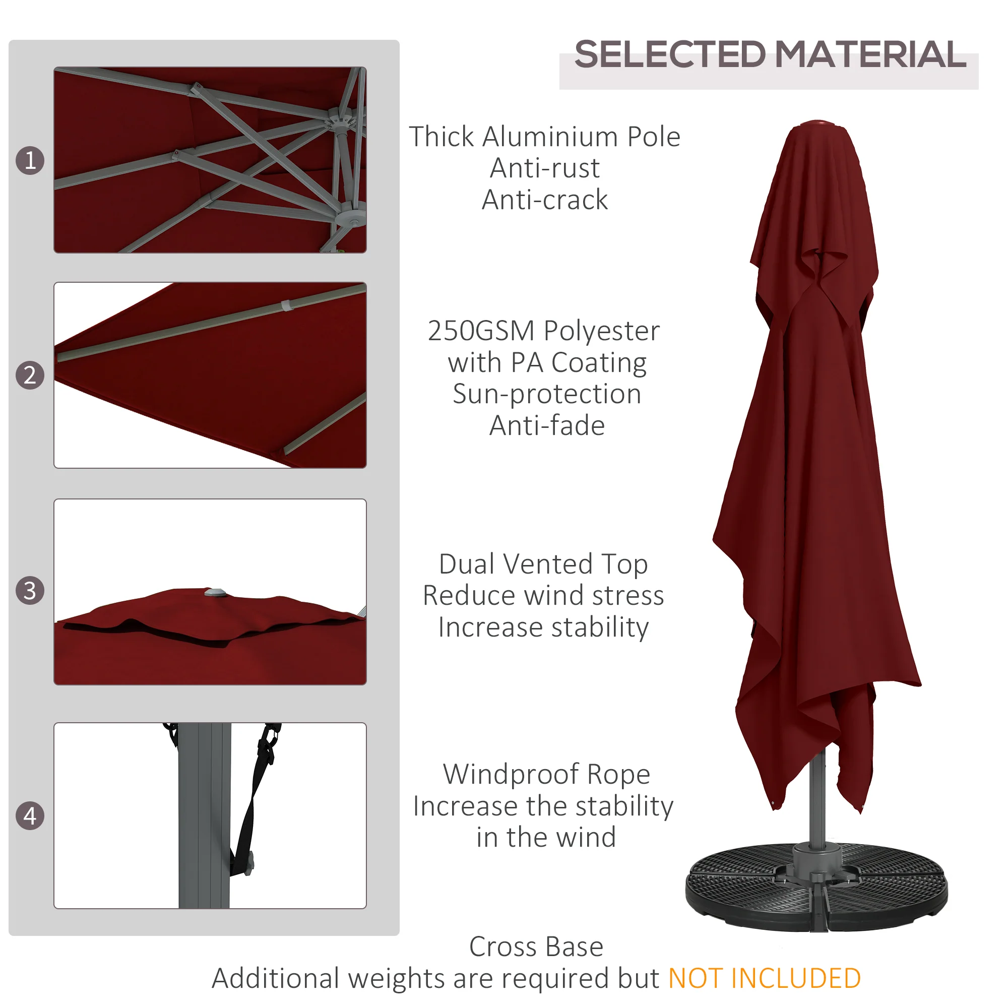 10' x 13' Cantilever Patio Umbrella with Windproof Straps, 4-Position Tilt, 360° Rotation, Red - Image 6