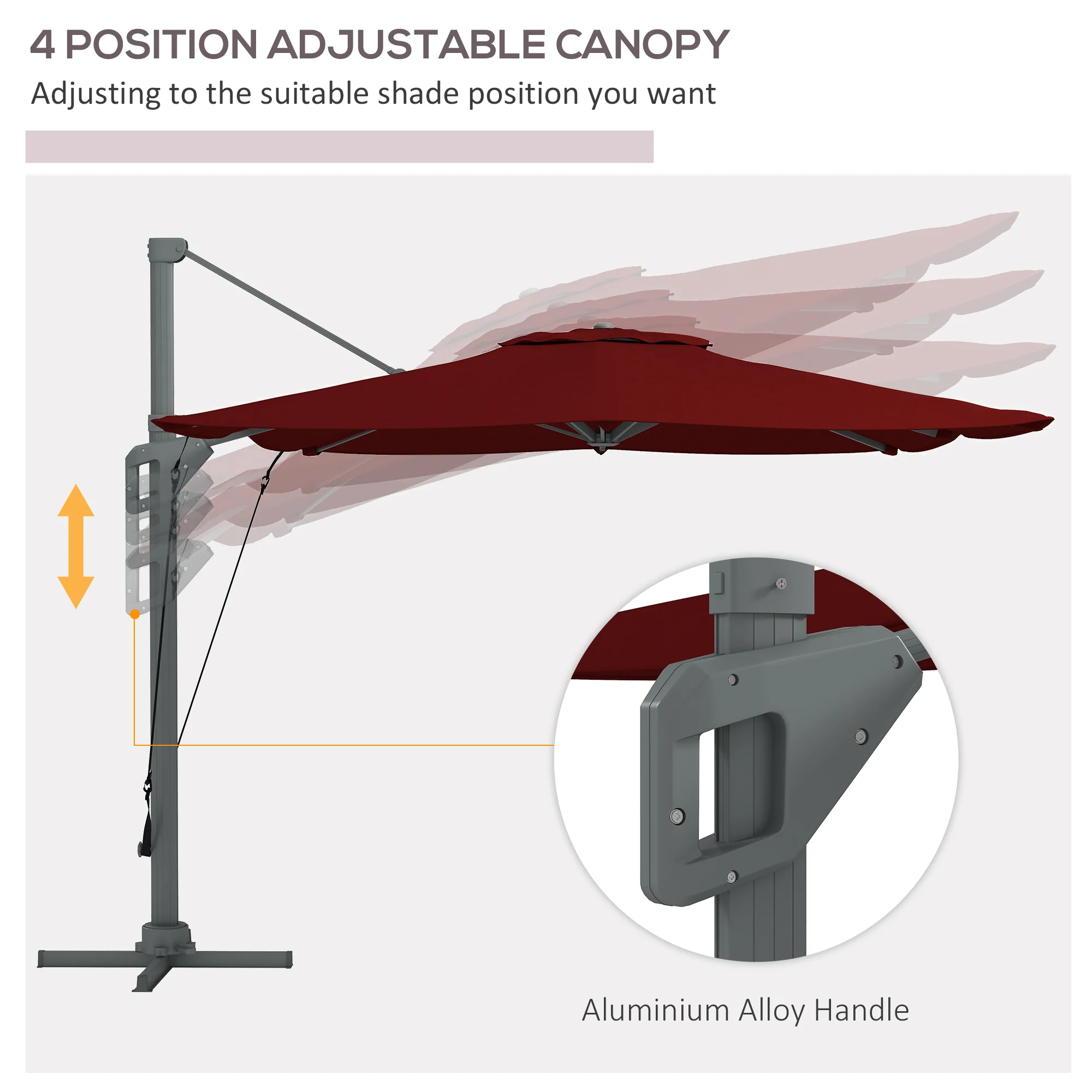 10' x 13' Cantilever Patio Umbrella with Windproof Straps, 4-Position Tilt, 360° Rotation, Red - Image 7
