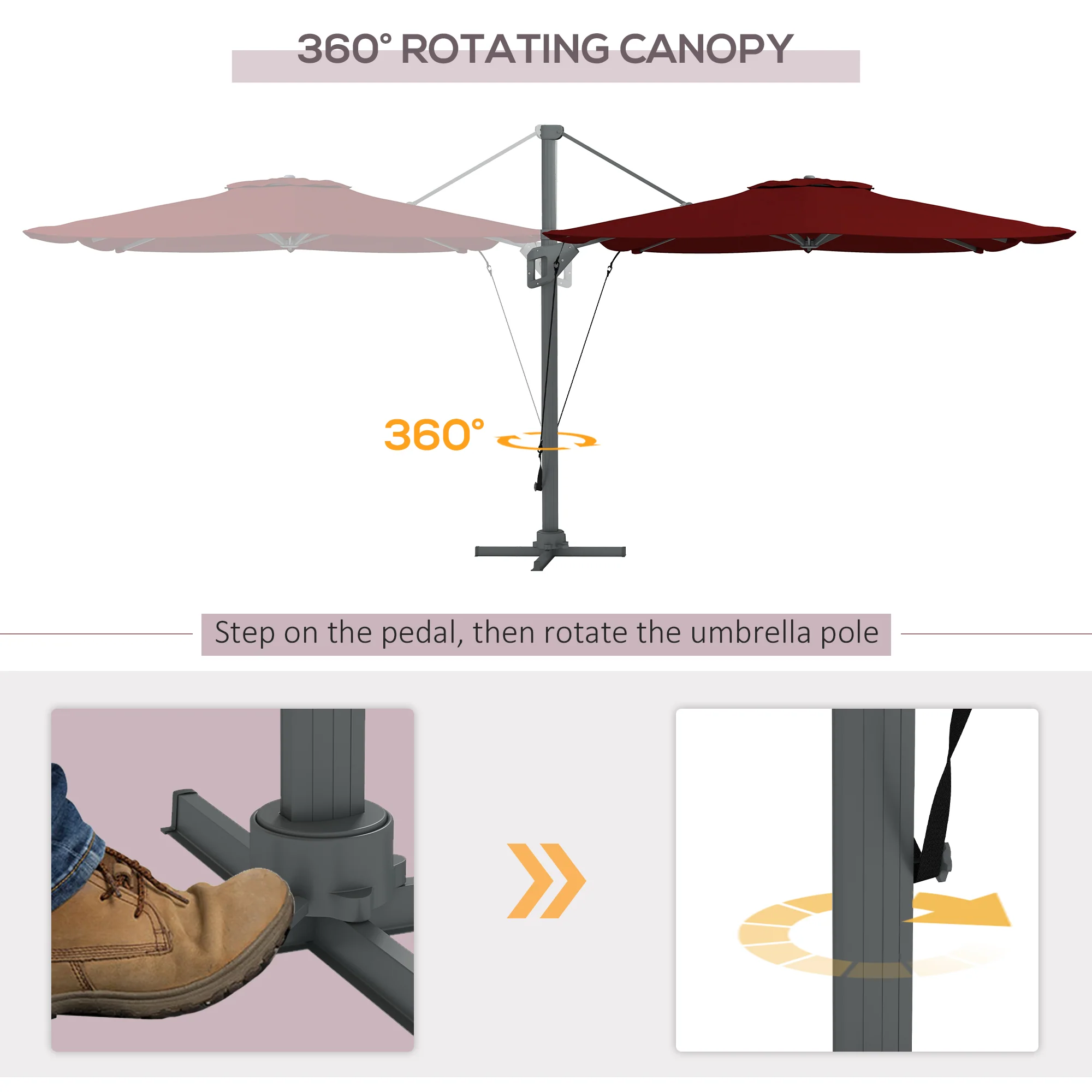 10' x 13' Cantilever Patio Umbrella with Windproof Straps, 4-Position Tilt, 360° Rotation, Red - Image 8