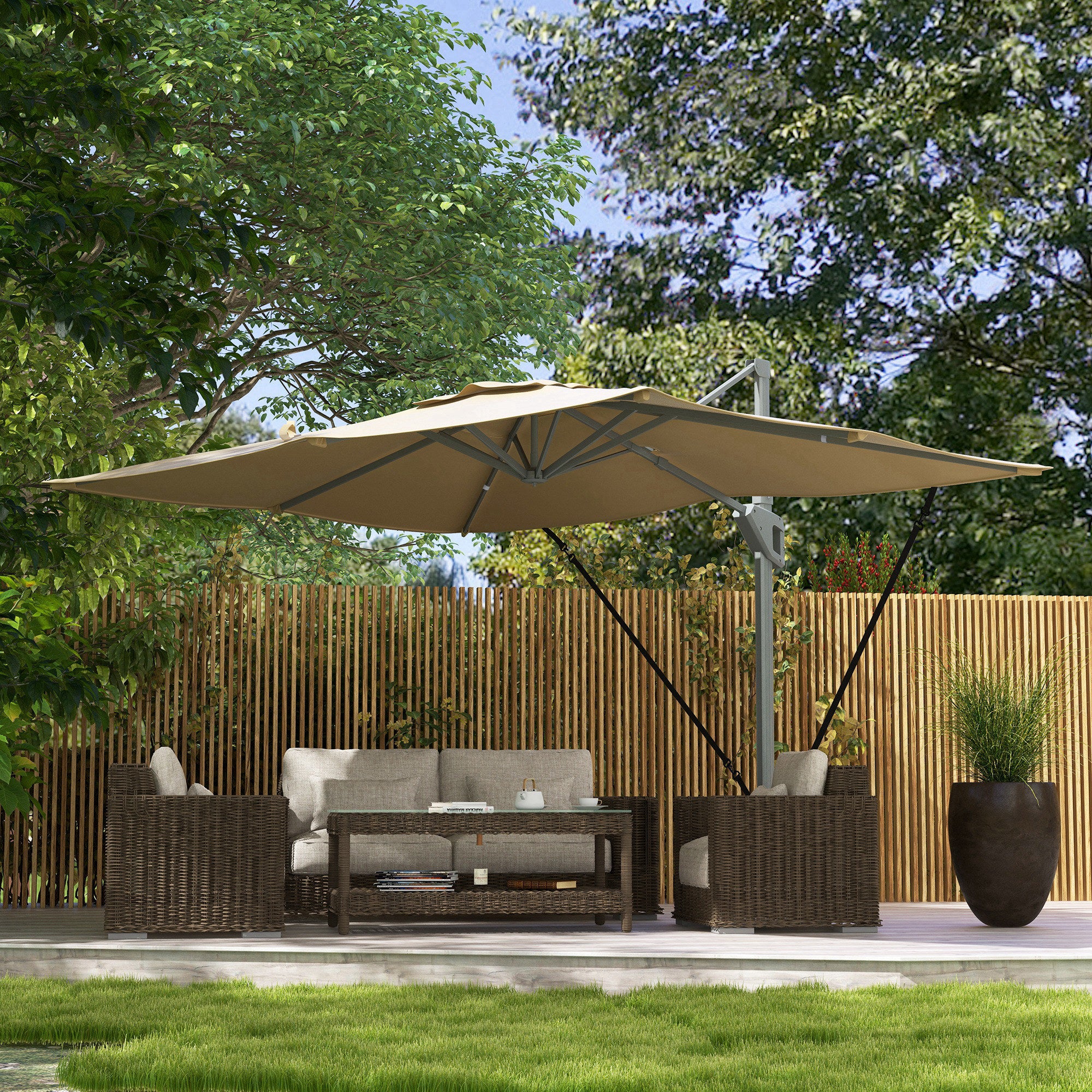 10' x 13' Cantilever Patio Umbrella with Windproof Straps, 4-Position Tilt, 360° Rotation, Khaki - Image 4