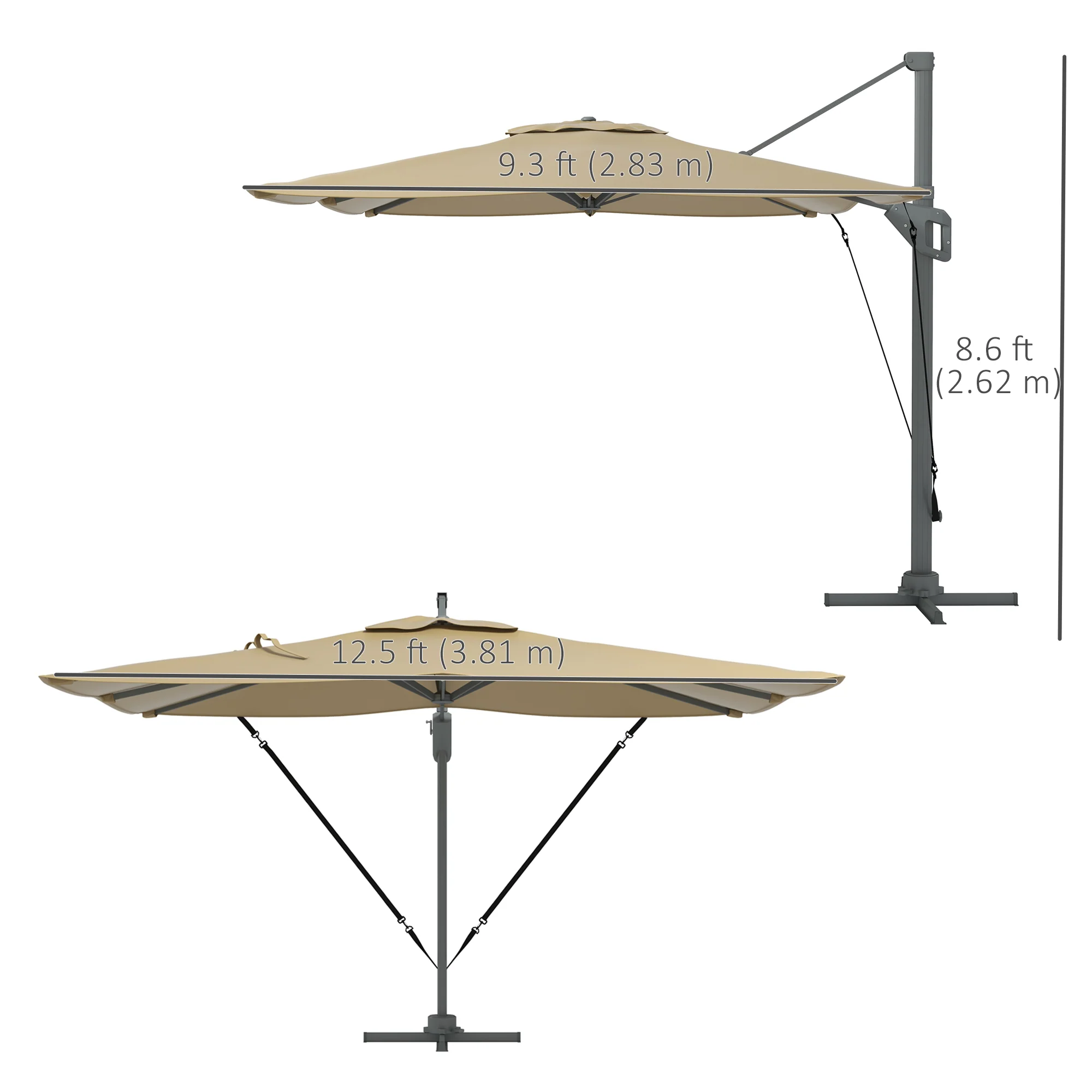 10' x 13' Cantilever Patio Umbrella with Windproof Straps, 4-Position Tilt, 360° Rotation, Khaki - Image 5