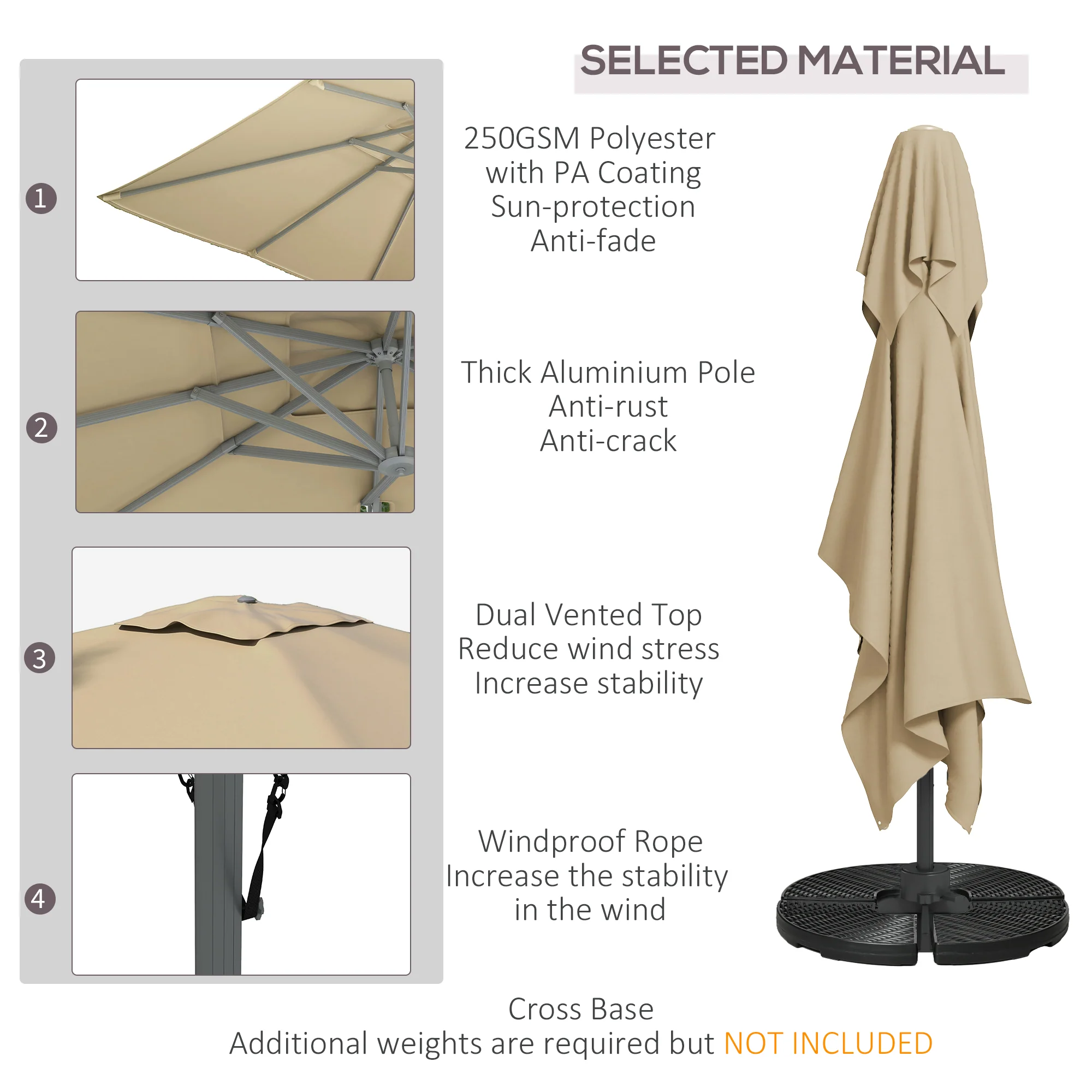 10' x 13' Cantilever Patio Umbrella with Windproof Straps, 4-Position Tilt, 360° Rotation, Khaki - Image 6