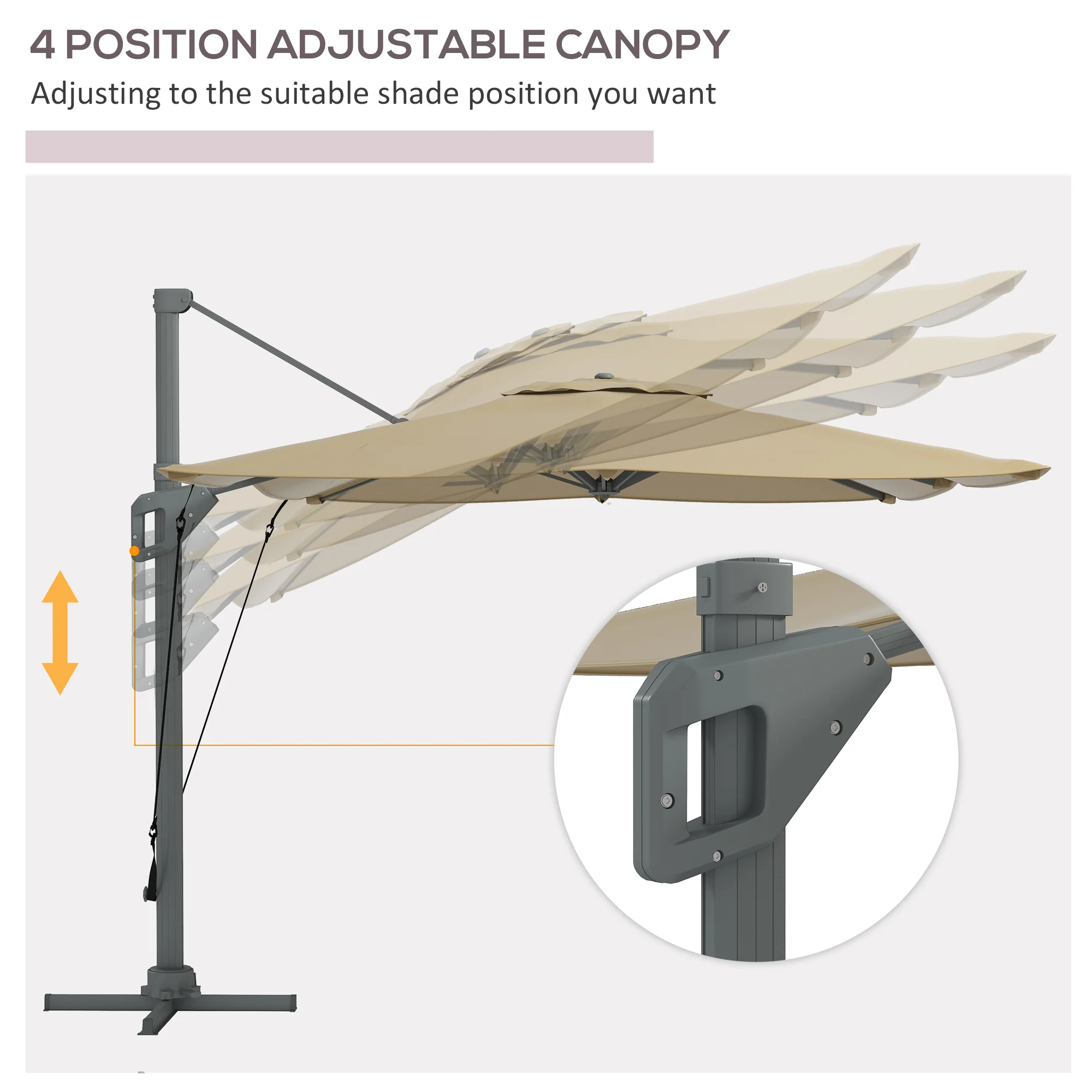 10' x 13' Cantilever Patio Umbrella with Windproof Straps, 4-Position Tilt, 360° Rotation, Khaki - Image 7