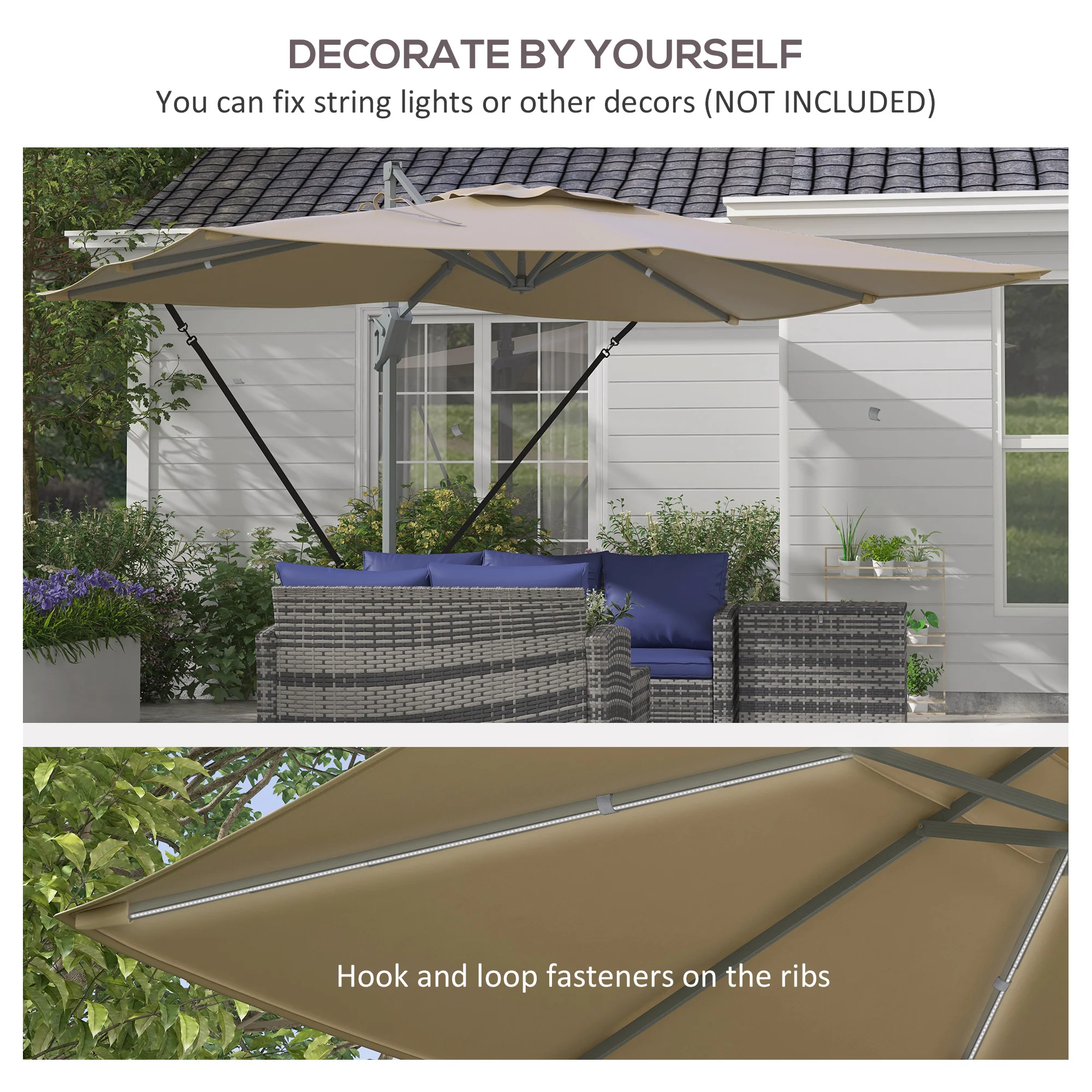 10' x 13' Cantilever Patio Umbrella with Windproof Straps, 4-Position Tilt, 360° Rotation, Khaki - Image 9