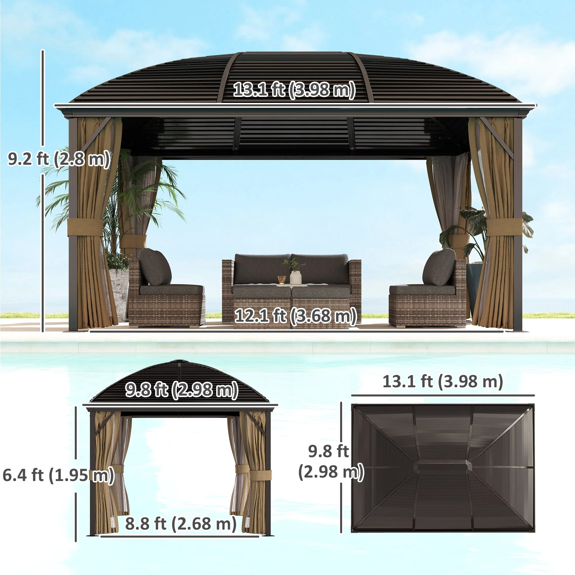 10' x 13' Hardtop Gazebo with Galvanized Steel Roof & Mosquito Netting, Brown - Image 5