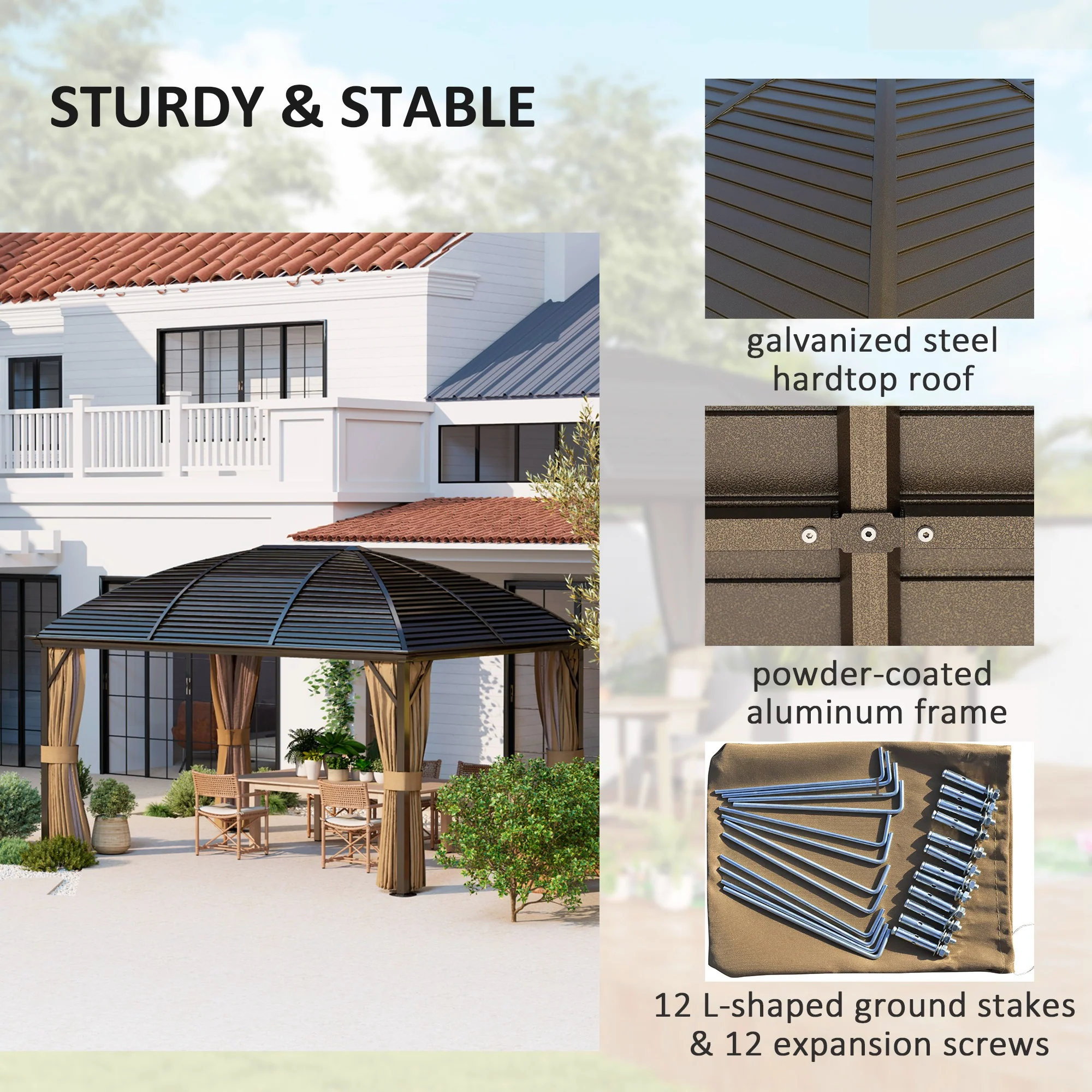 10' x 13' Hardtop Gazebo with Galvanized Steel Roof & Mosquito Netting, Brown - Image 7