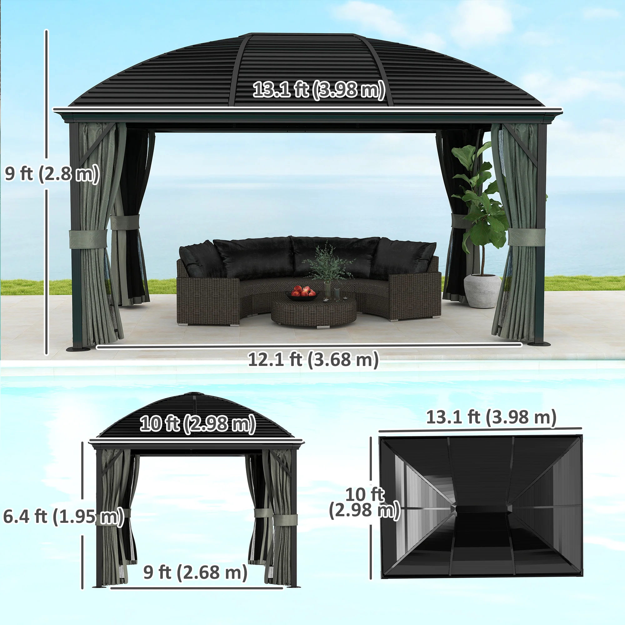 10' x 13' Hardtop Gazebo with Galvanized Steel Roof & Mosquito Netting, Dark Grey - Image 5