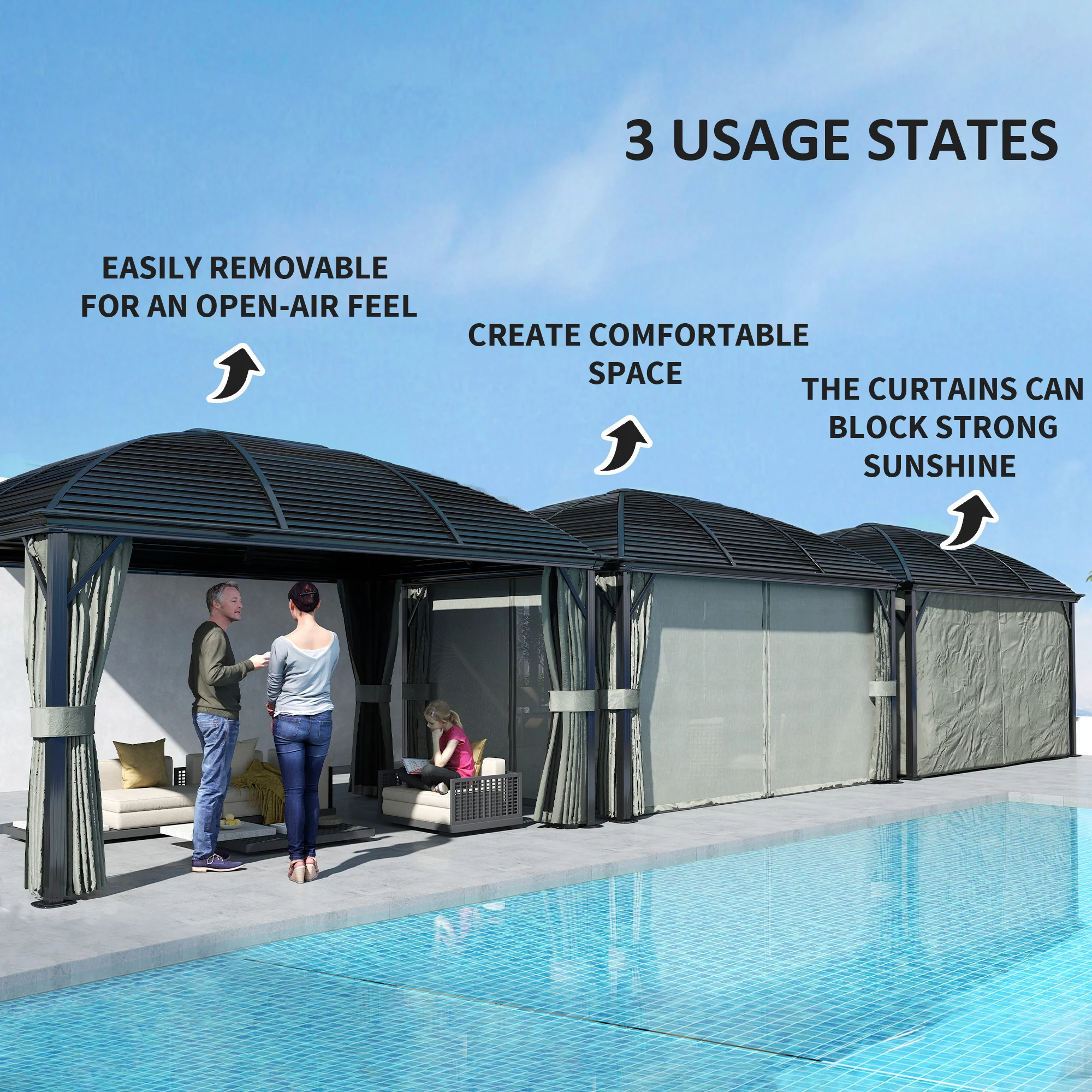 10' x 13' Hardtop Gazebo with Galvanized Steel Roof & Mosquito Netting, Dark Grey - Image 6