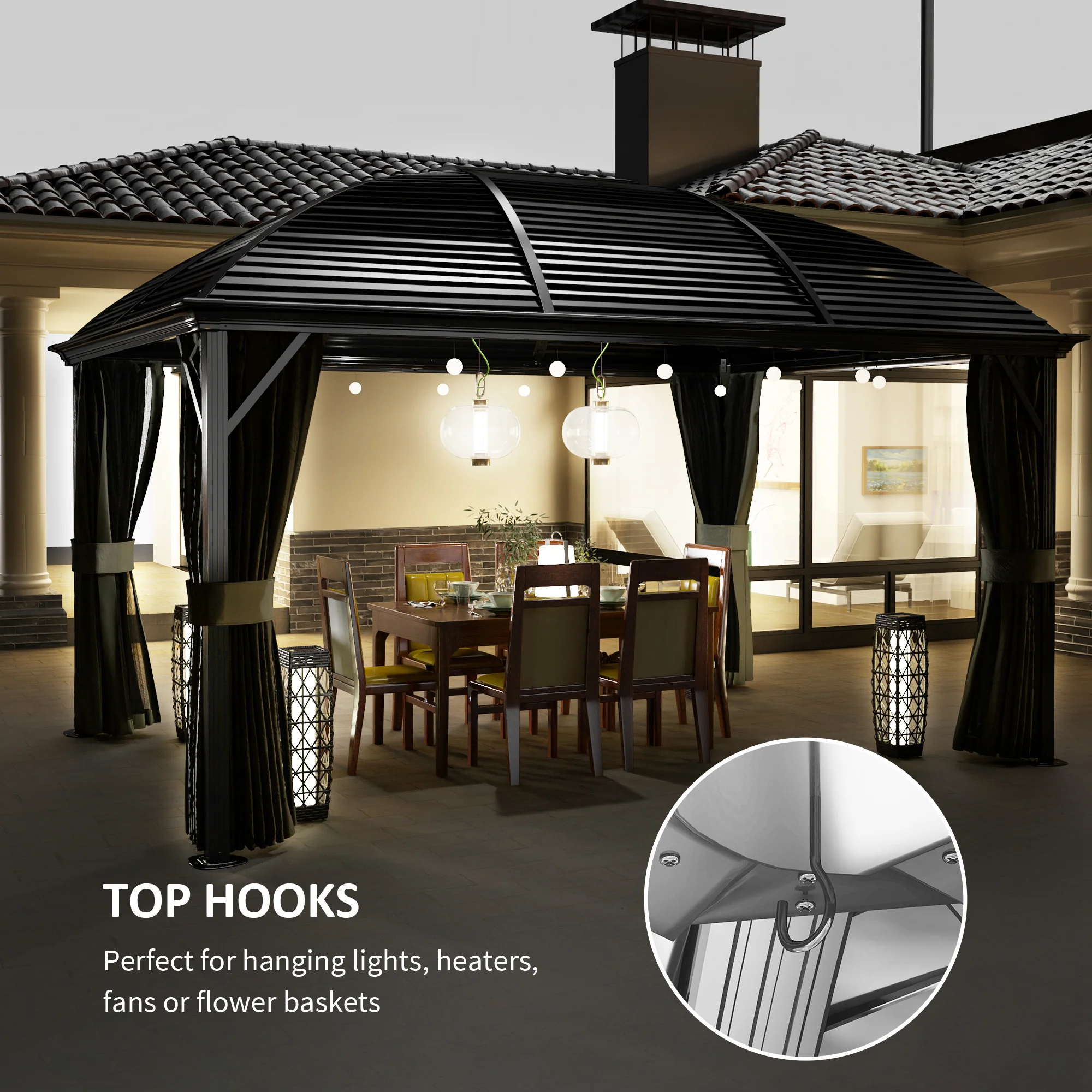 10' x 13' Hardtop Gazebo with Galvanized Steel Roof & Mosquito Netting, Dark Grey - Image 8