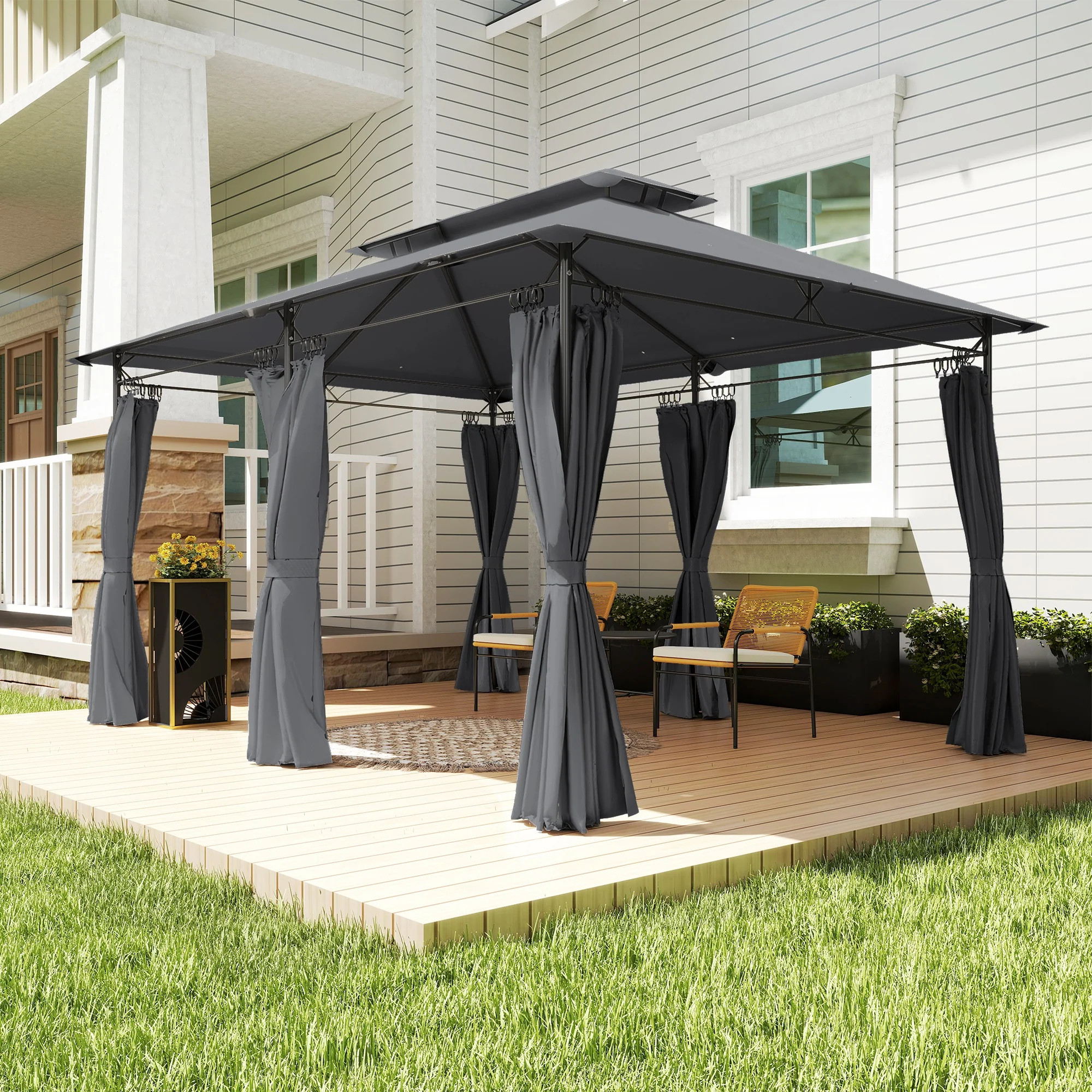 10' x 13' Patio Gazebo with Double Roof and Curtains, Grey - Image 10