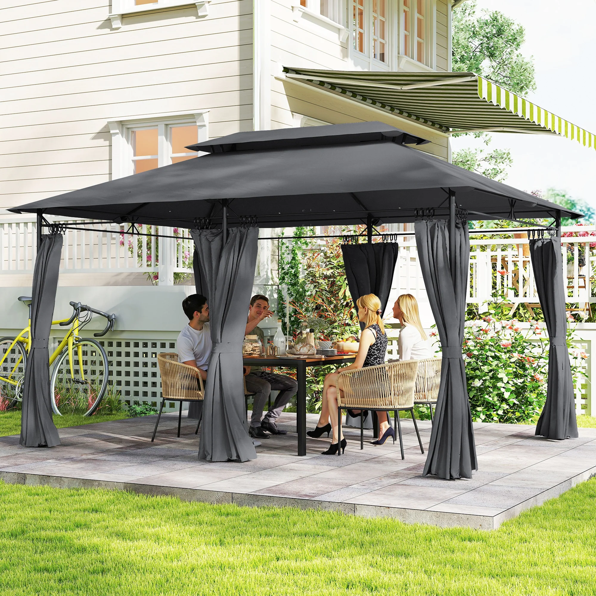 10' x 13' Patio Gazebo with Double Roof and Curtains, Grey - Image 3