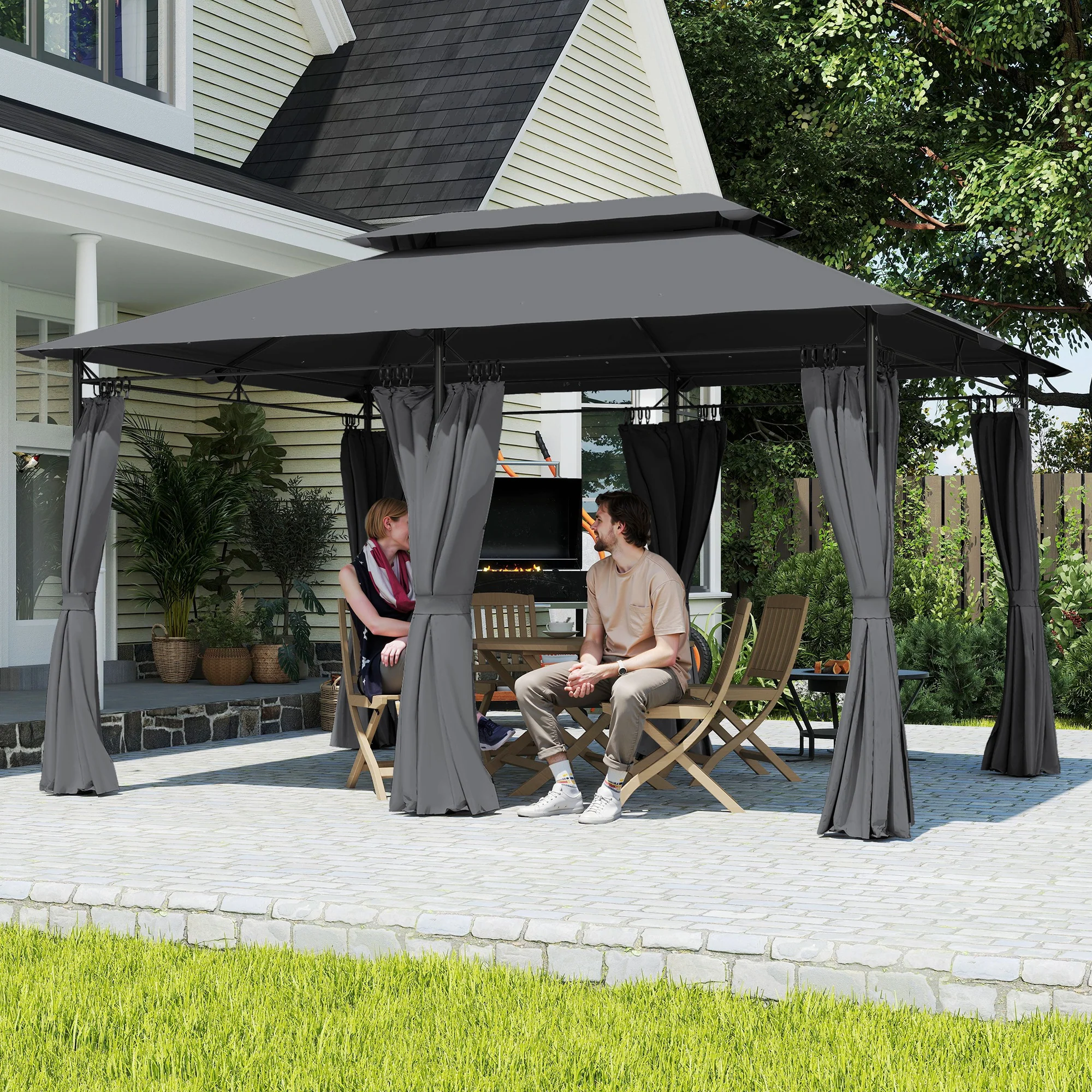 10' x 13' Patio Gazebo with Double Roof and Curtains, Grey - Image 4