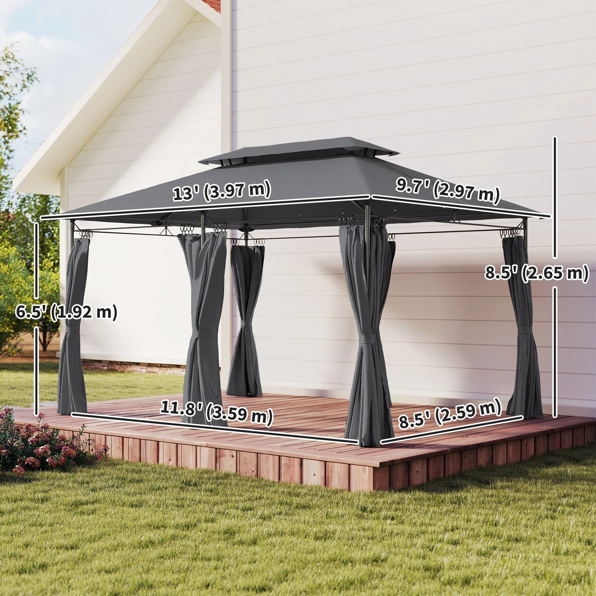10' x 13' Patio Gazebo with Double Roof and Curtains, Grey - Image 5