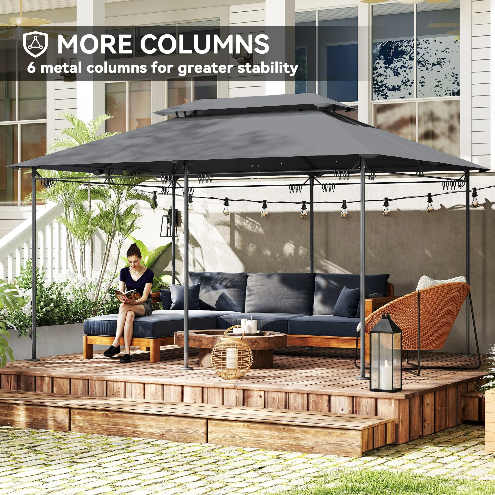 10' x 13' Patio Gazebo with Double Roof and Curtains, Grey - Image 7