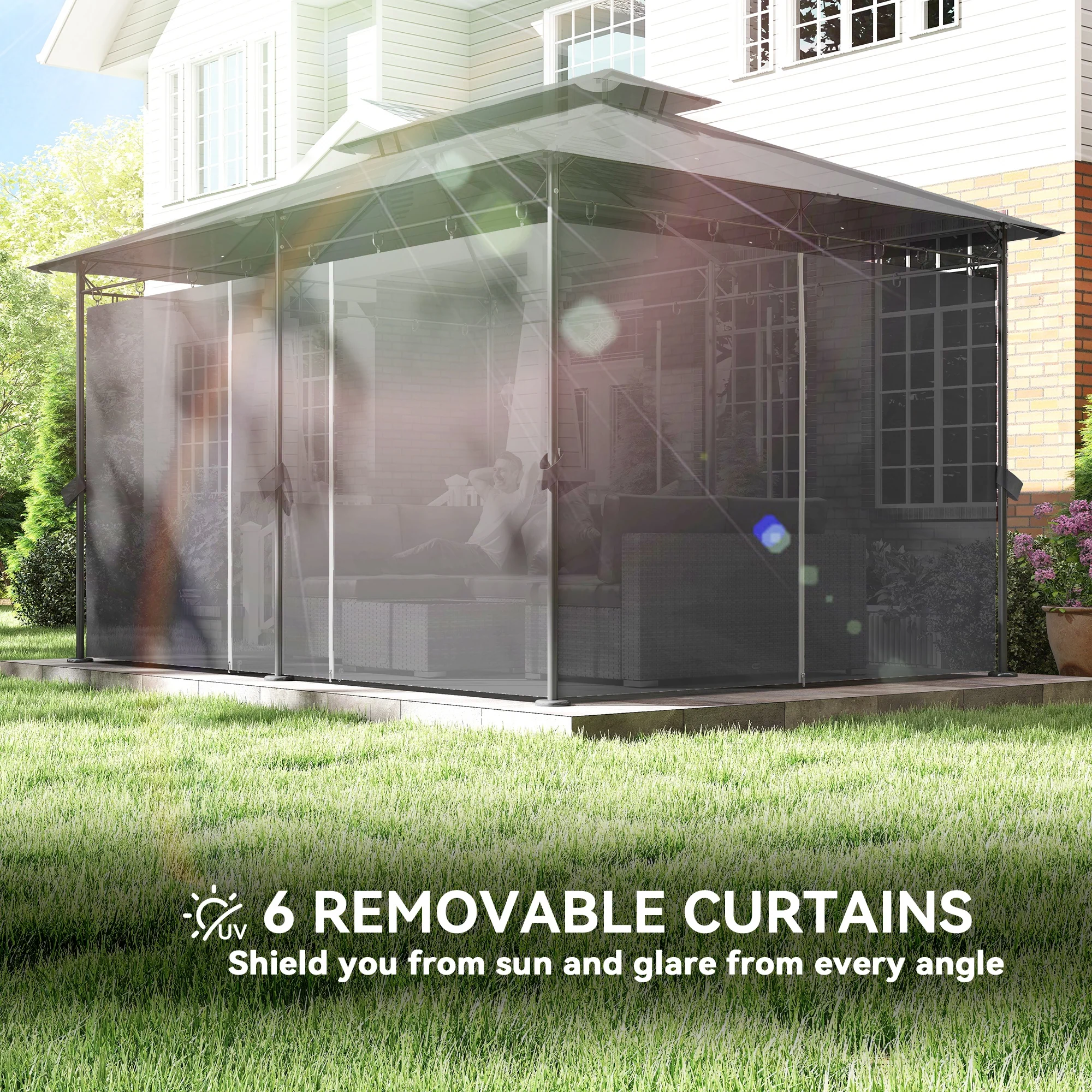 10' x 13' Patio Gazebo with Double Roof and Curtains, Grey - Image 8