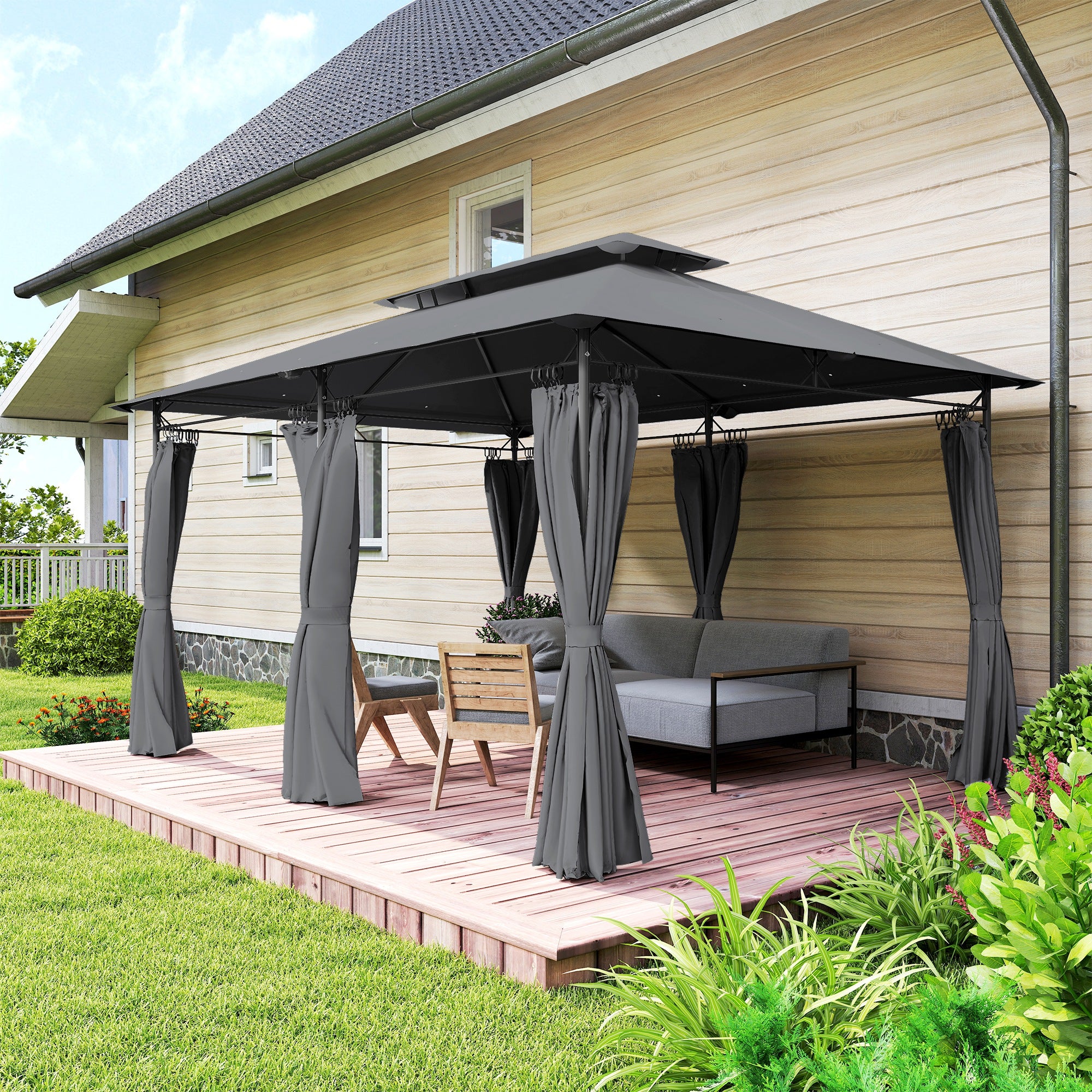 10' x 13' Patio Gazebo with Double Roof and Curtains, Grey - Image 9