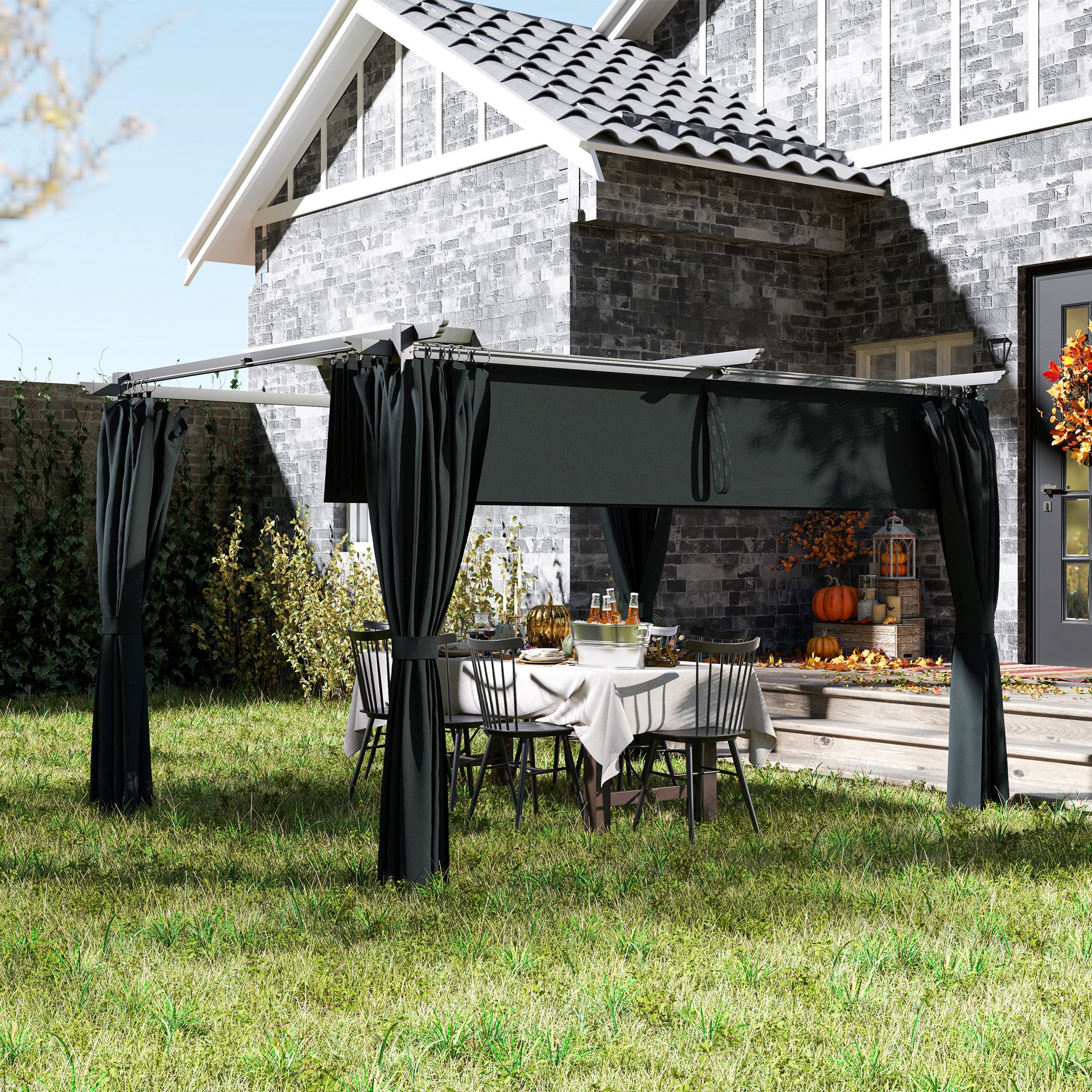 10' x 13' Retractable Pergola All Weather Resistant with UPF30+ Canopy & Privacy Curtains, Dark Grey - Image 4