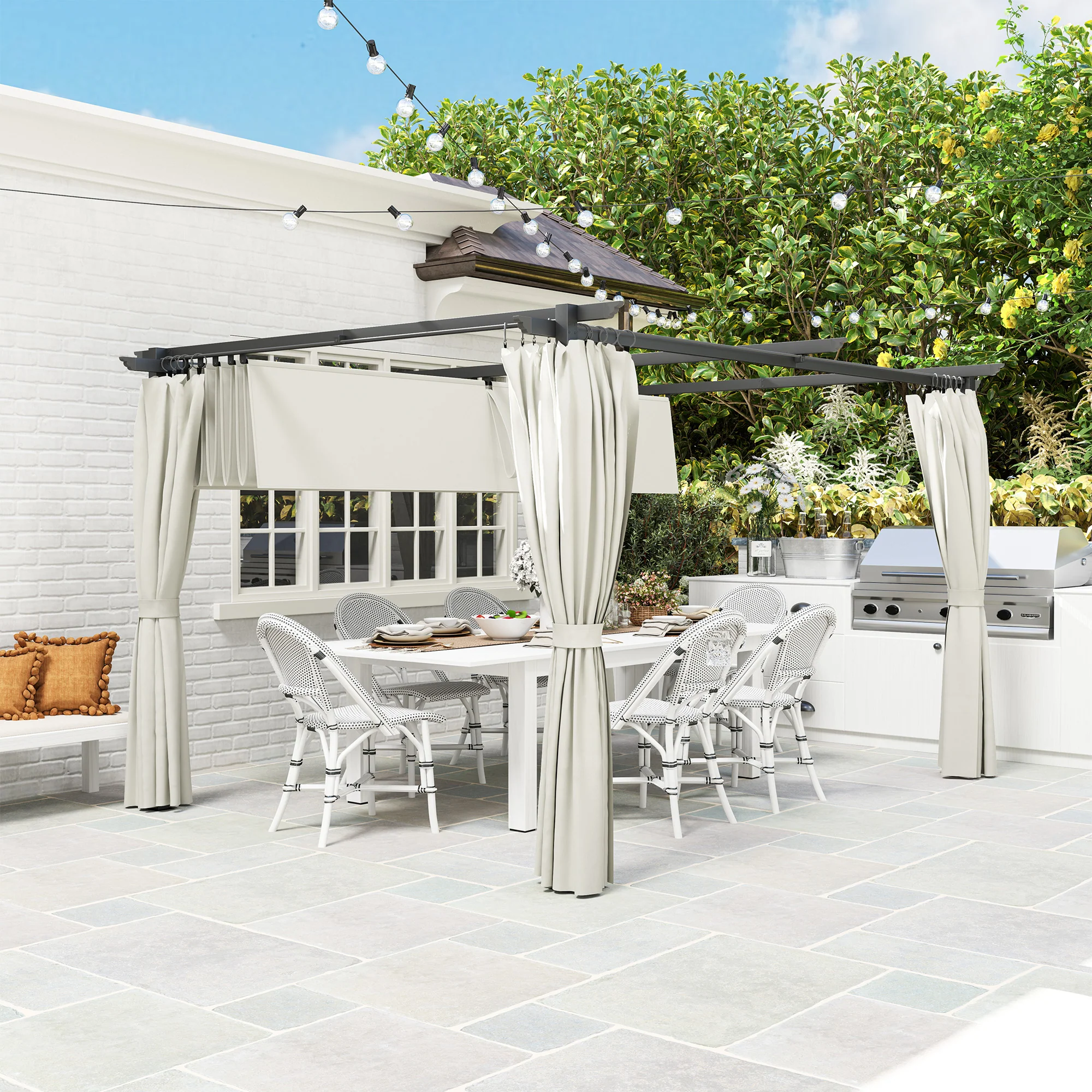 10' x 13' Retractable Pergola Canopy with Curtains, Cream White - Image 10
