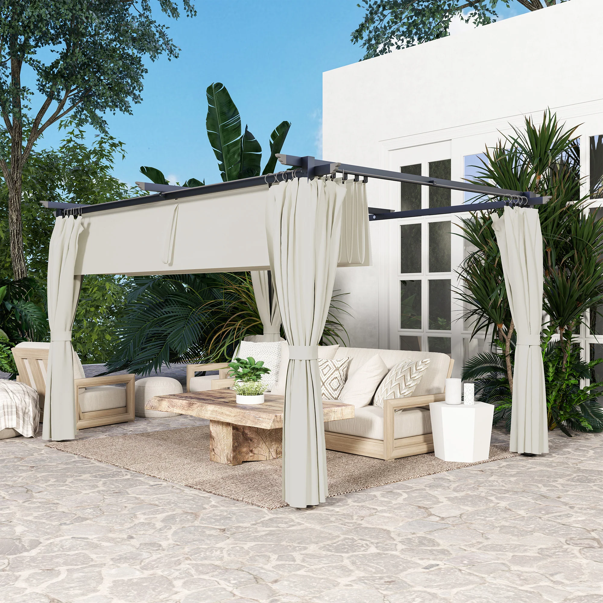 10' x 13' Retractable Pergola Canopy with Curtains, Cream White - Image 11