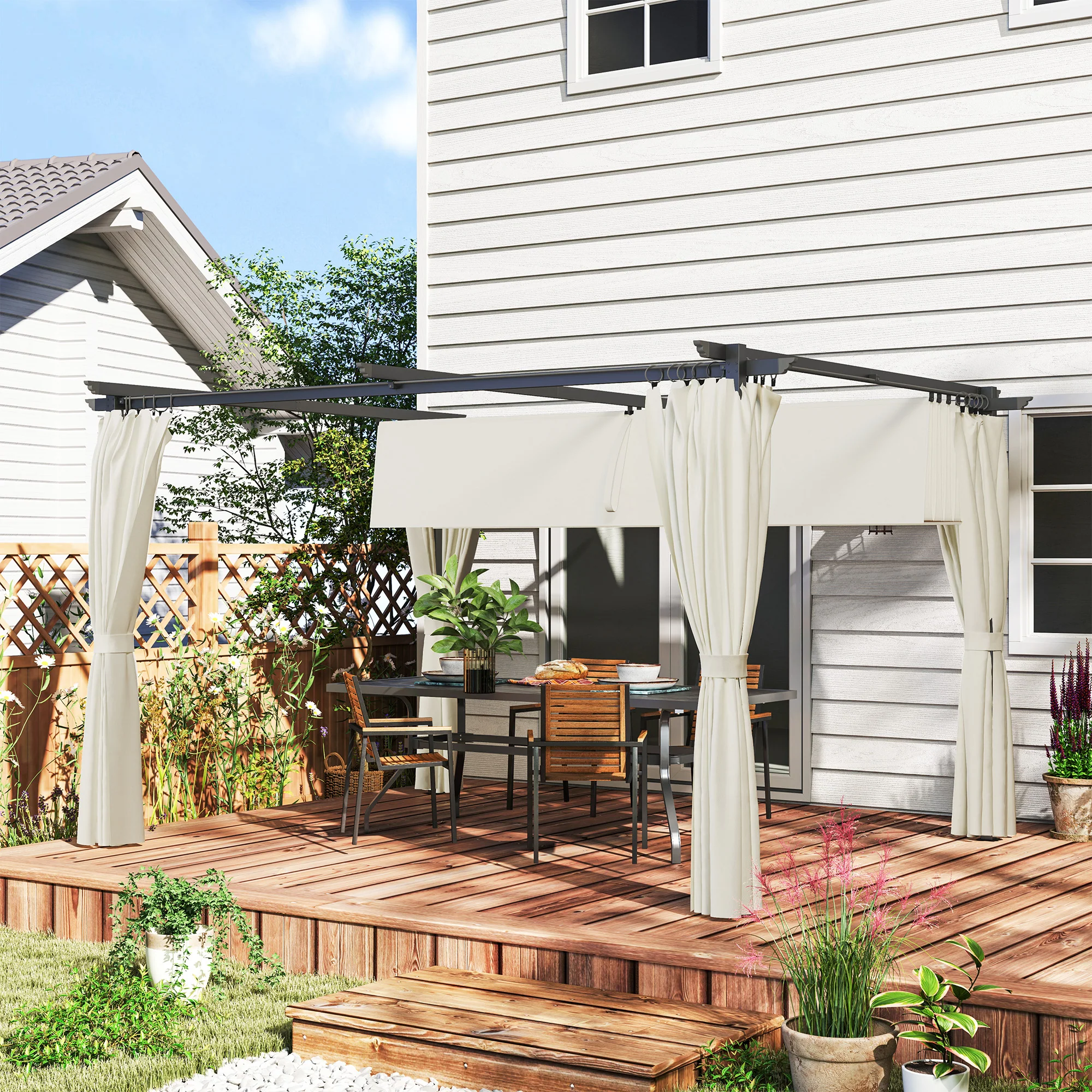 10' x 13' Retractable Pergola Canopy with Curtains, Cream White - Image 3