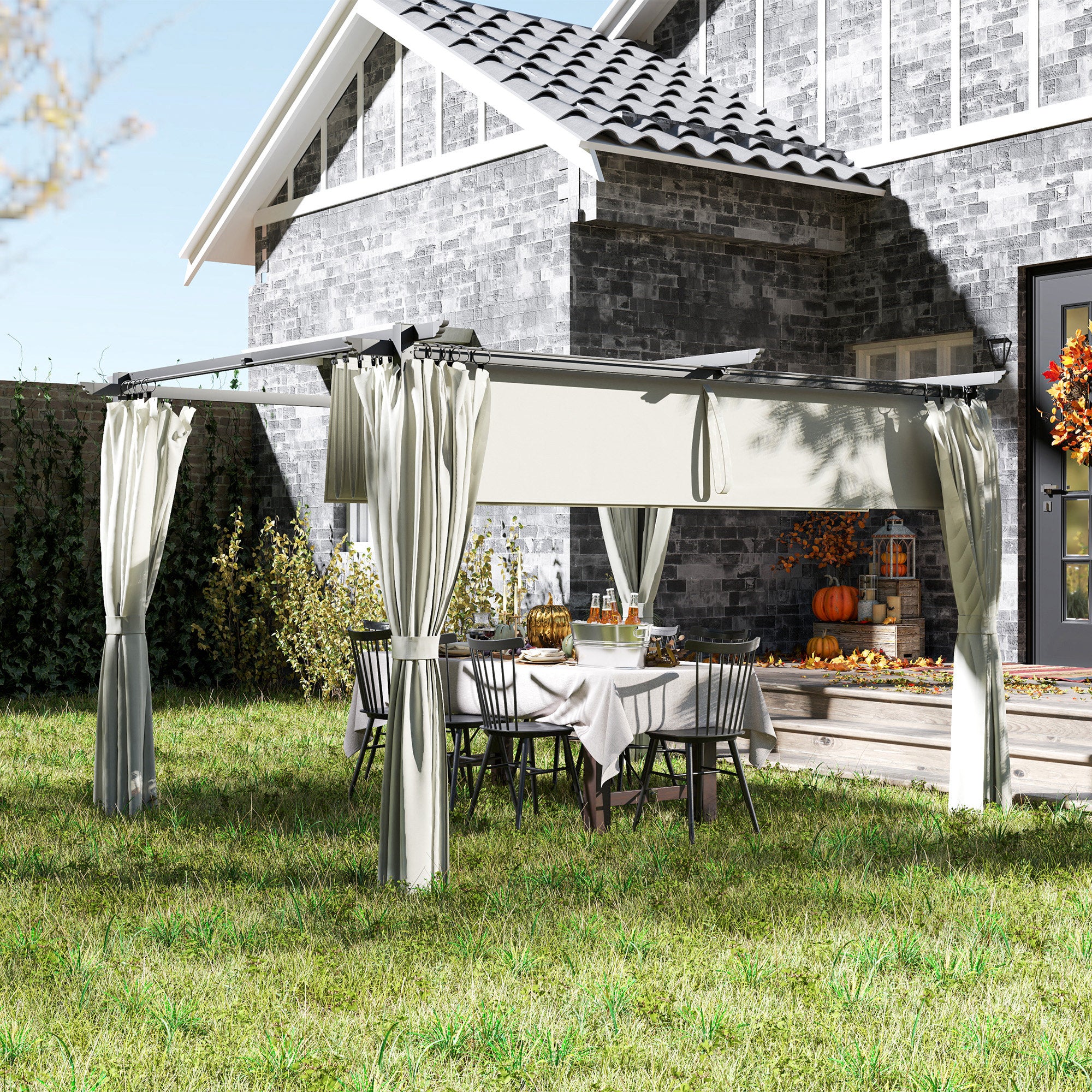 10' x 13' Retractable Pergola Canopy with Curtains, Cream White - Image 4