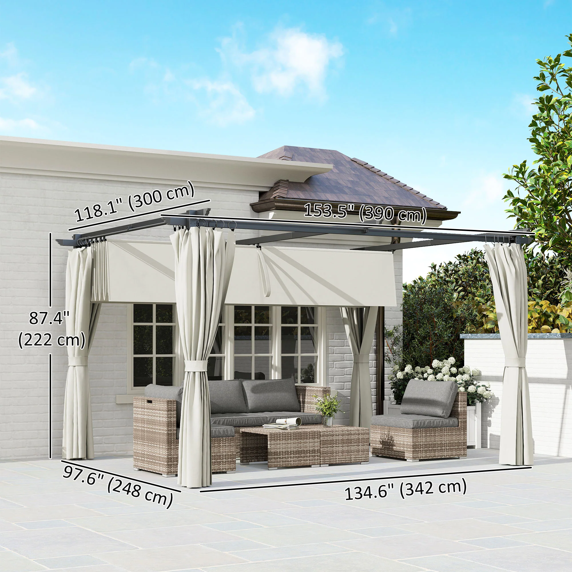 10' x 13' Retractable Pergola Canopy with Curtains, Cream White - Image 5