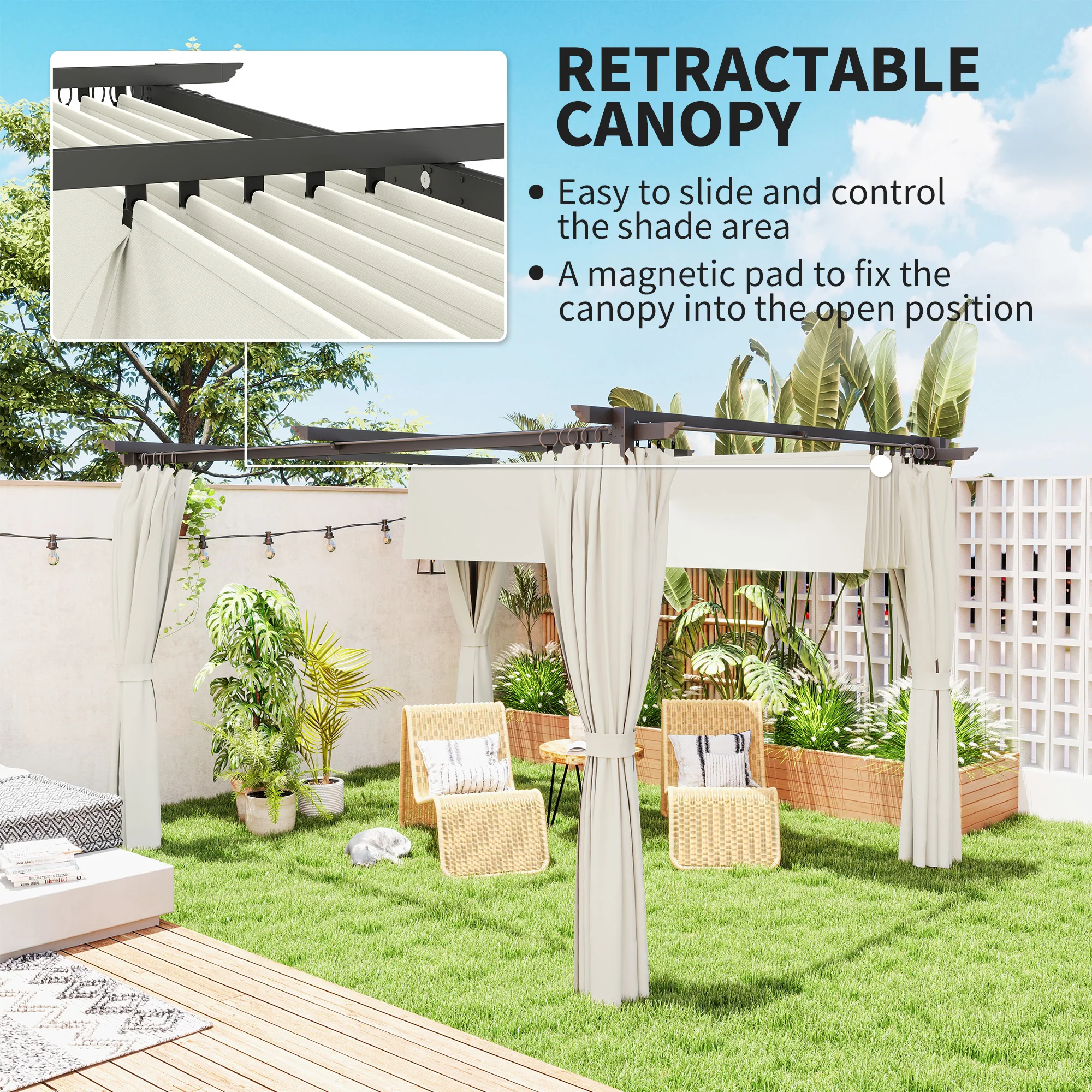 10' x 13' Retractable Pergola Canopy with Curtains, Cream White - Image 6