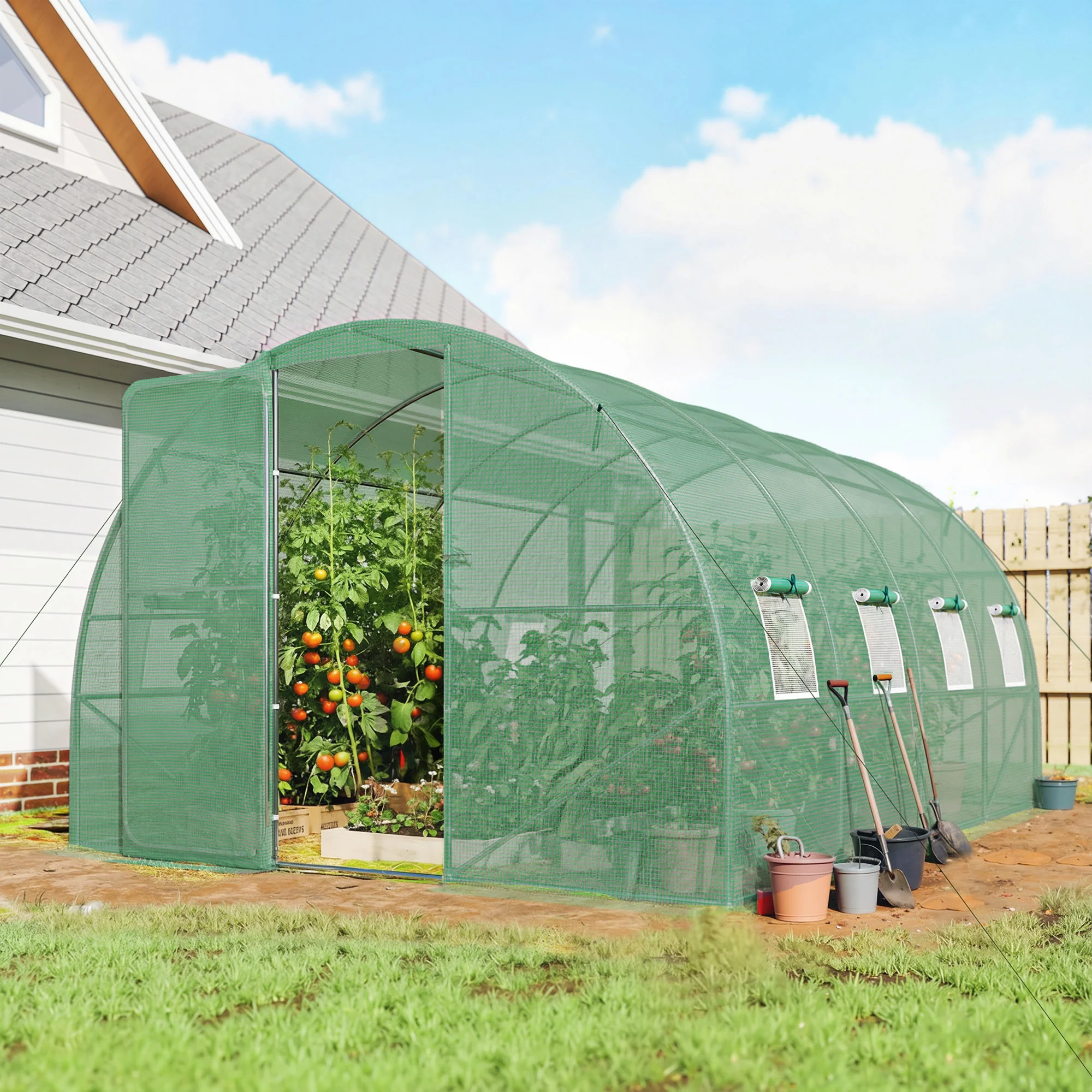 10' x 13' Walk-in Polytunnel Greenhouse with Hinged Door & 8 Mesh Windows - Image 3